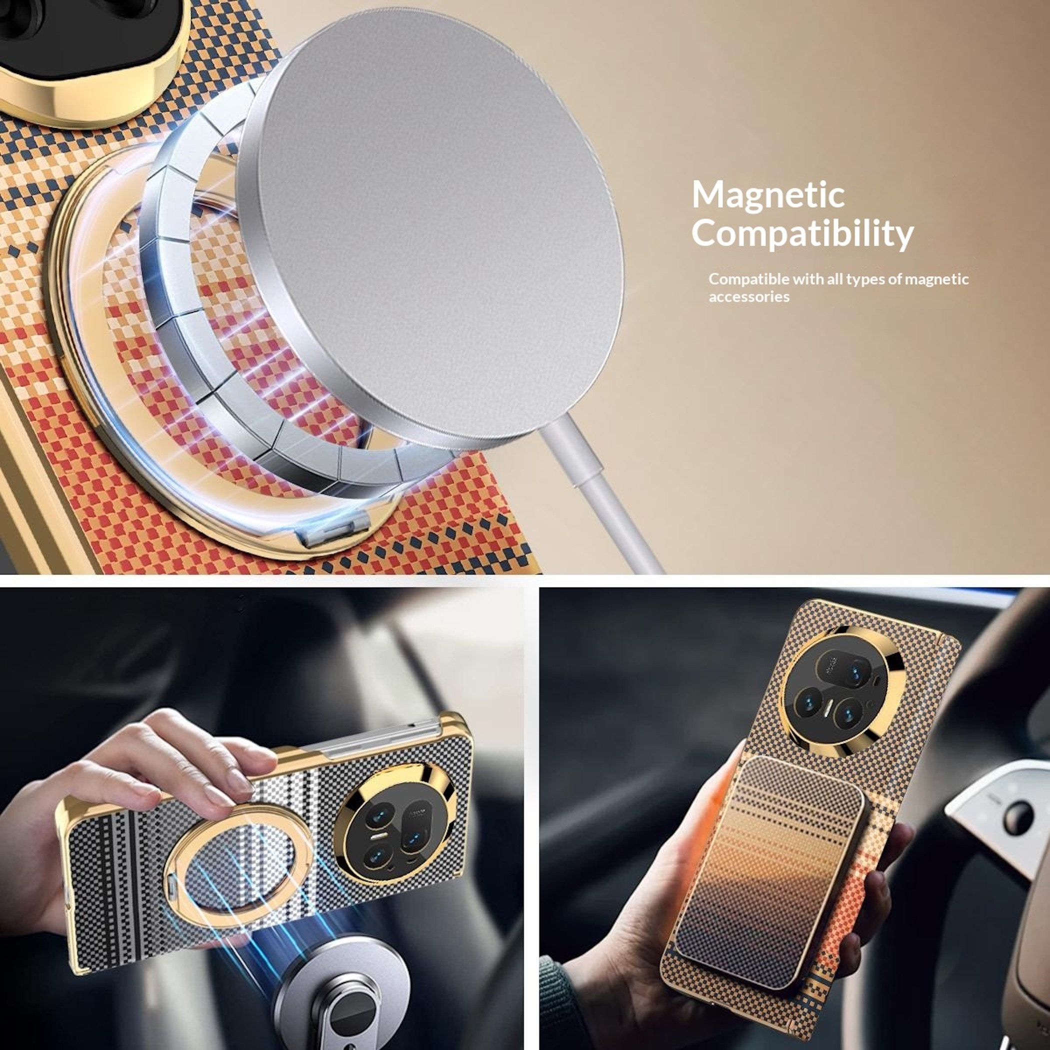 Handyhülle mit Muster und Magnet kompatibel, wird an Autohalterung und Ladegerät befestigt.