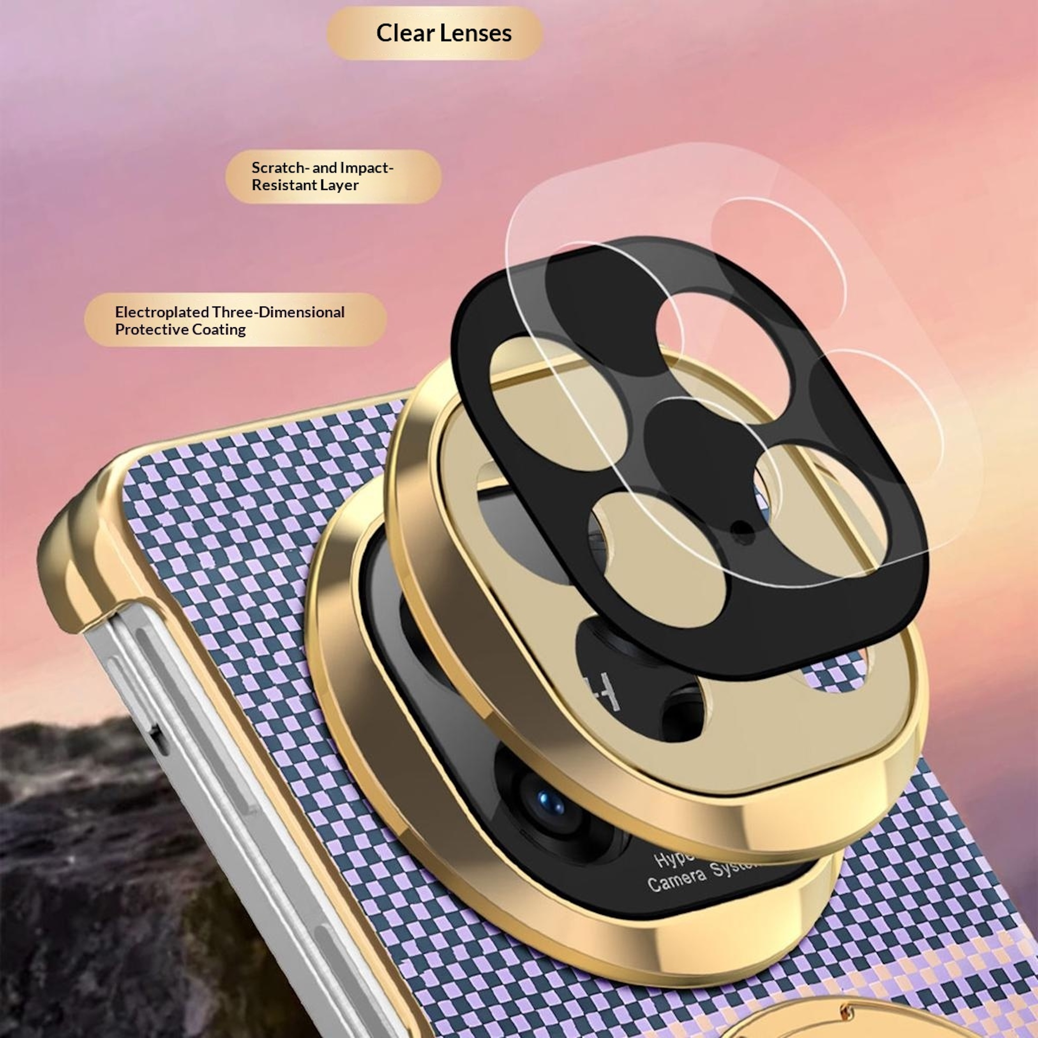 Smartphone-Kameraglas mit Schutzschichten und goldenem Rand.