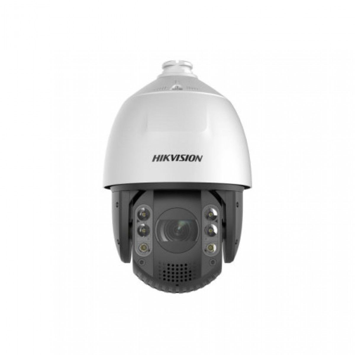 Beyaz arkaplanda koyu renk lensli ve LED'li beyaz Hikvision PTZ güvenlik kamerası.