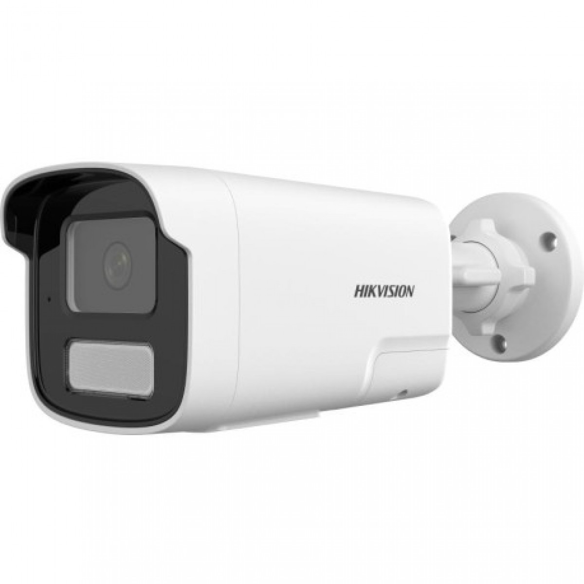 Yuvarlak bir duvar braketine monte edilmiş beyaz bir Hikvision güvenlik kamerası.