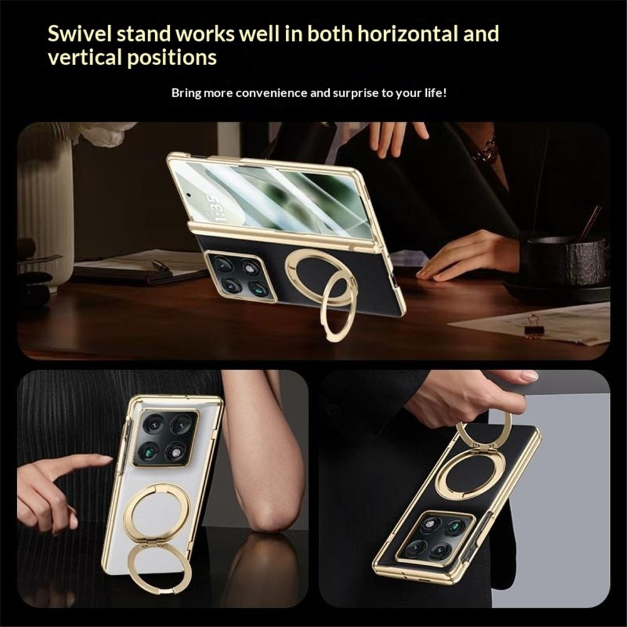 Smartphone-Hülle mit integriertem, goldenem Ringständer auf einem Tisch und in Händen gehalten.