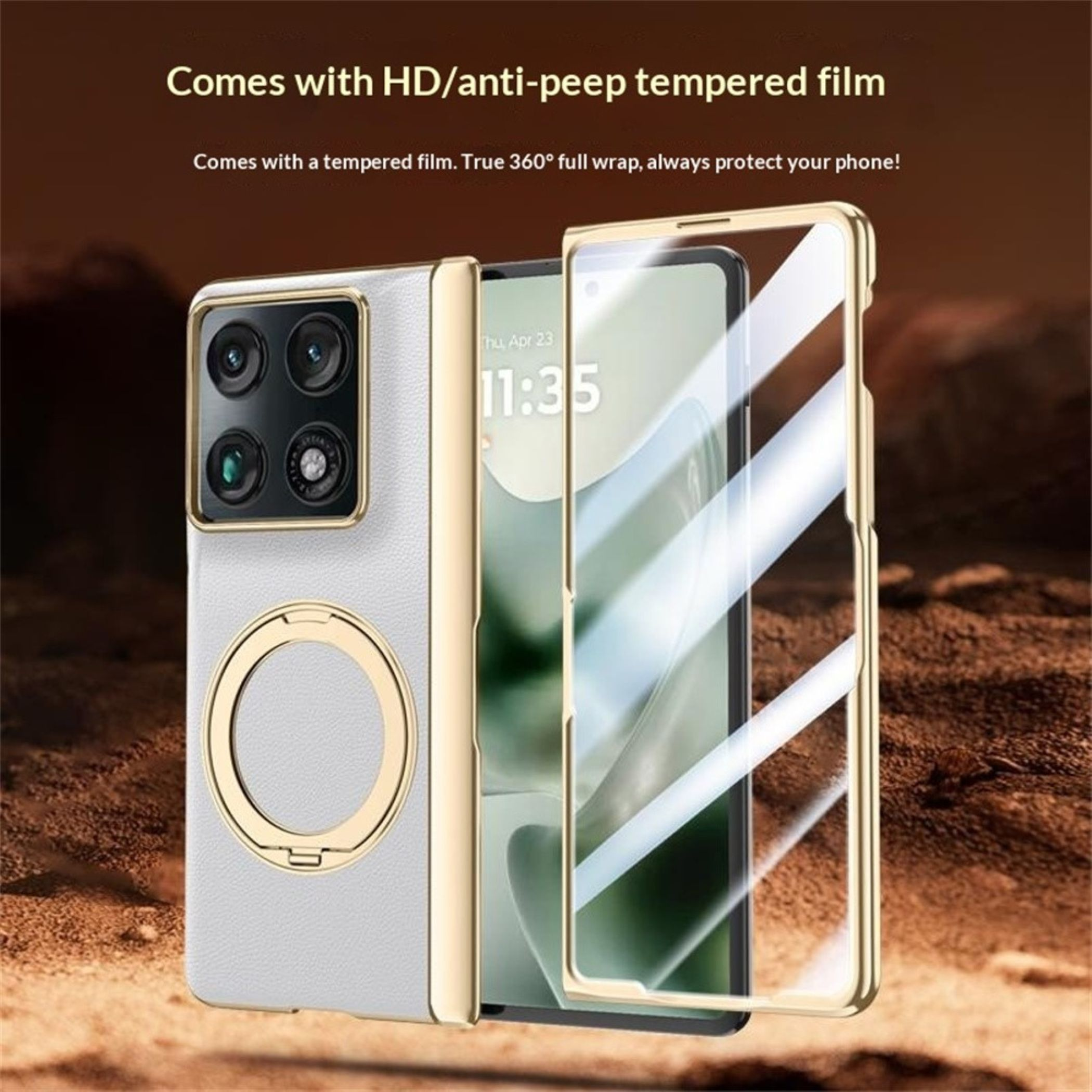 Eine weiße und goldene Smartphone-Hülle mit integriertem Ringständer und separatem Schutzglas.