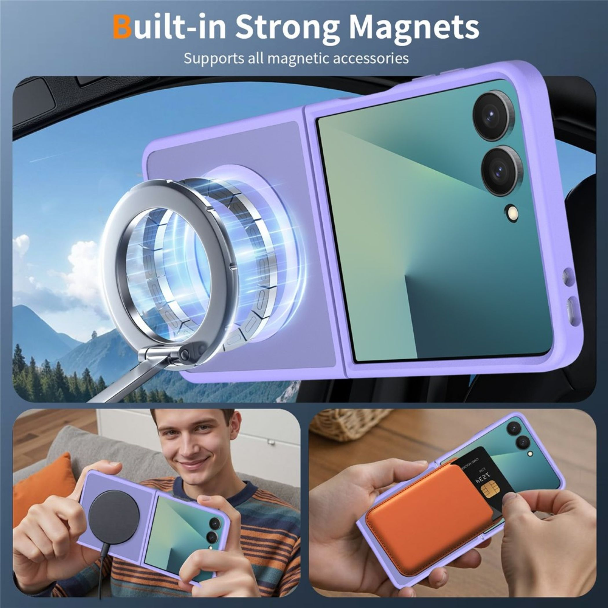 Lila Klapphandy mit Magnetring im Auto, kabellosem Laden und Kreditkartenetui.