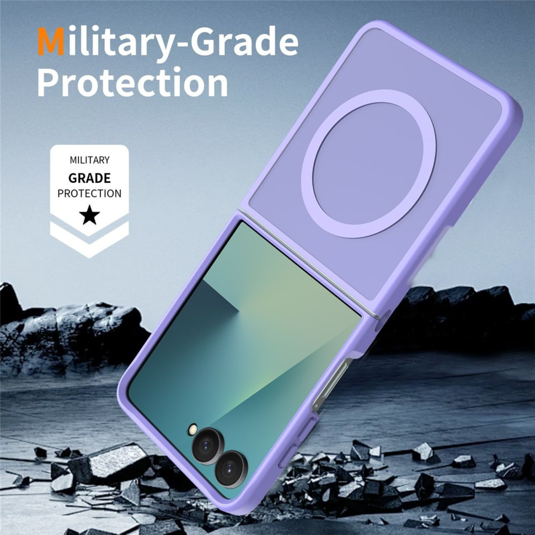 Lila faltbares Smartphone in einer Hülle vor einem zerklüfteten Hintergrund.