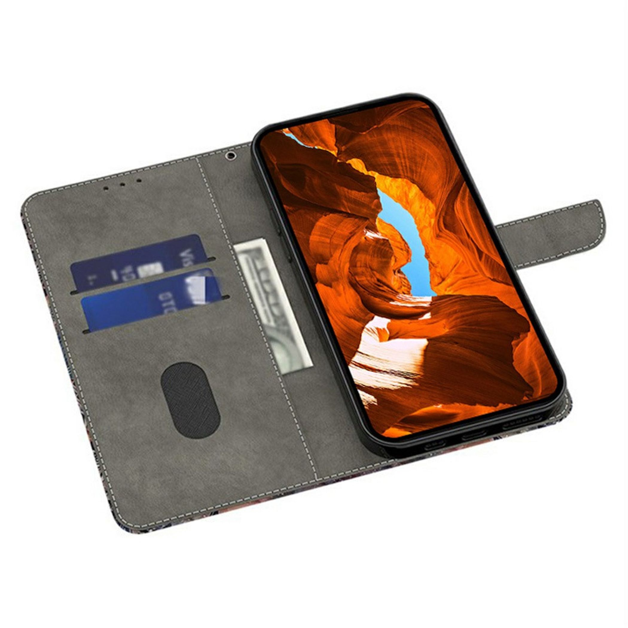 Ein graues Flip-Handycover mit Kreditkarten und einer Geldscheintasche, der Bildschirm zeigt einen Canyon.