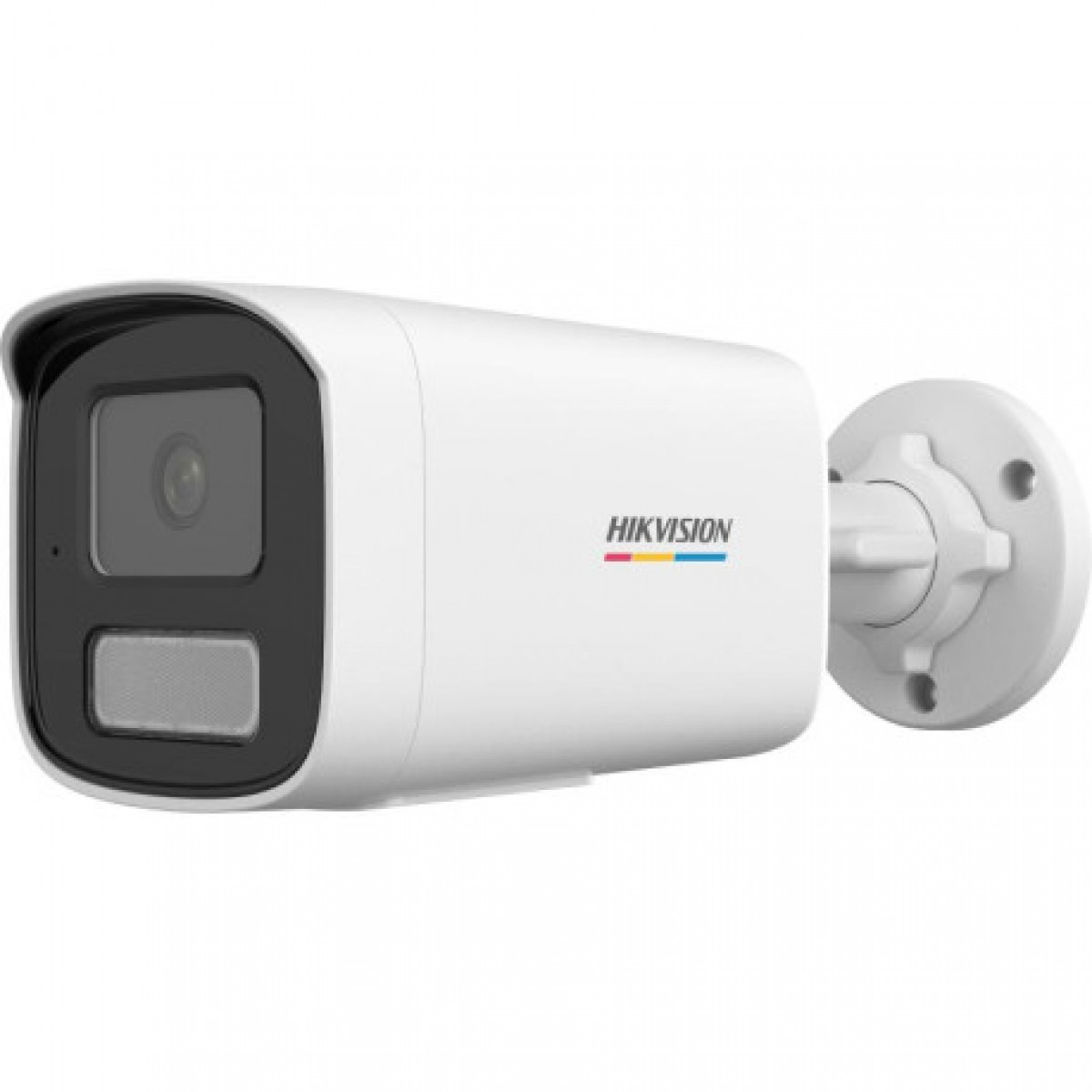 Düz arka plan üzerinde yuvarlak tabana monte edilmiş lensli ve sensörlü beyaz bir Hikvision güvenlik kamerası.