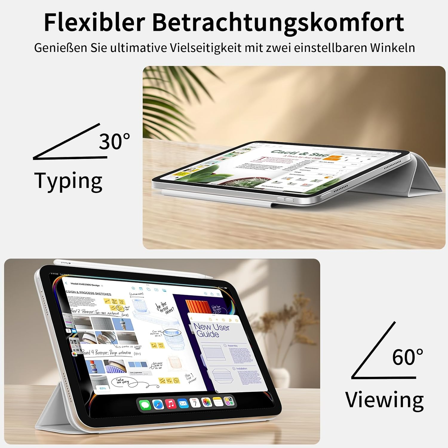 Ein Tablet mit Schutzhülle zeigt zwei Winkel: 30 Grad zum Tippen und 60 Grad zum Betrachten auf einem Holztisch.
