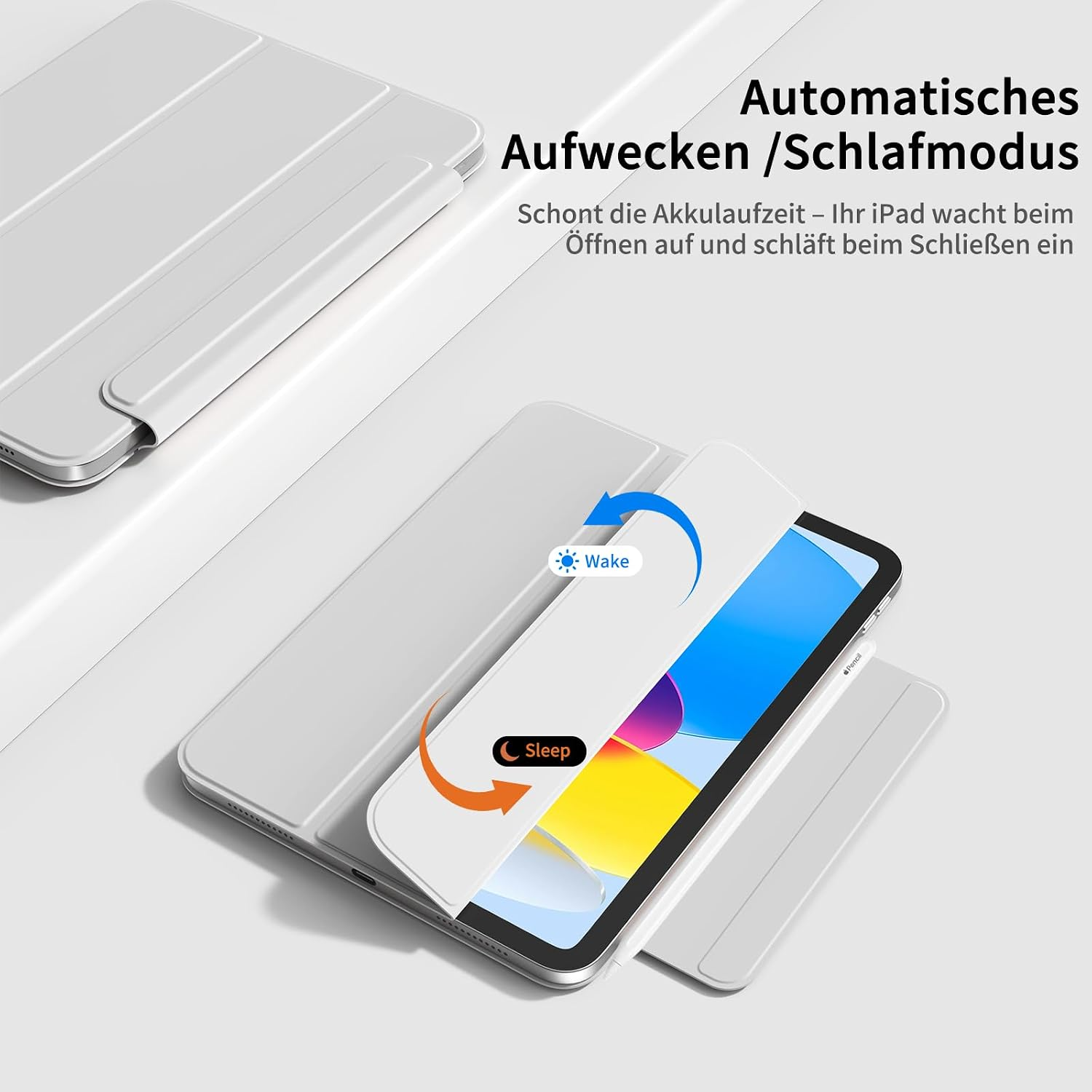 iPad-Hülle mit Auto-Wake/Sleep-Funktion. Text auf Deutsch erklärt, dass das iPad beim Öffnen aufwacht.