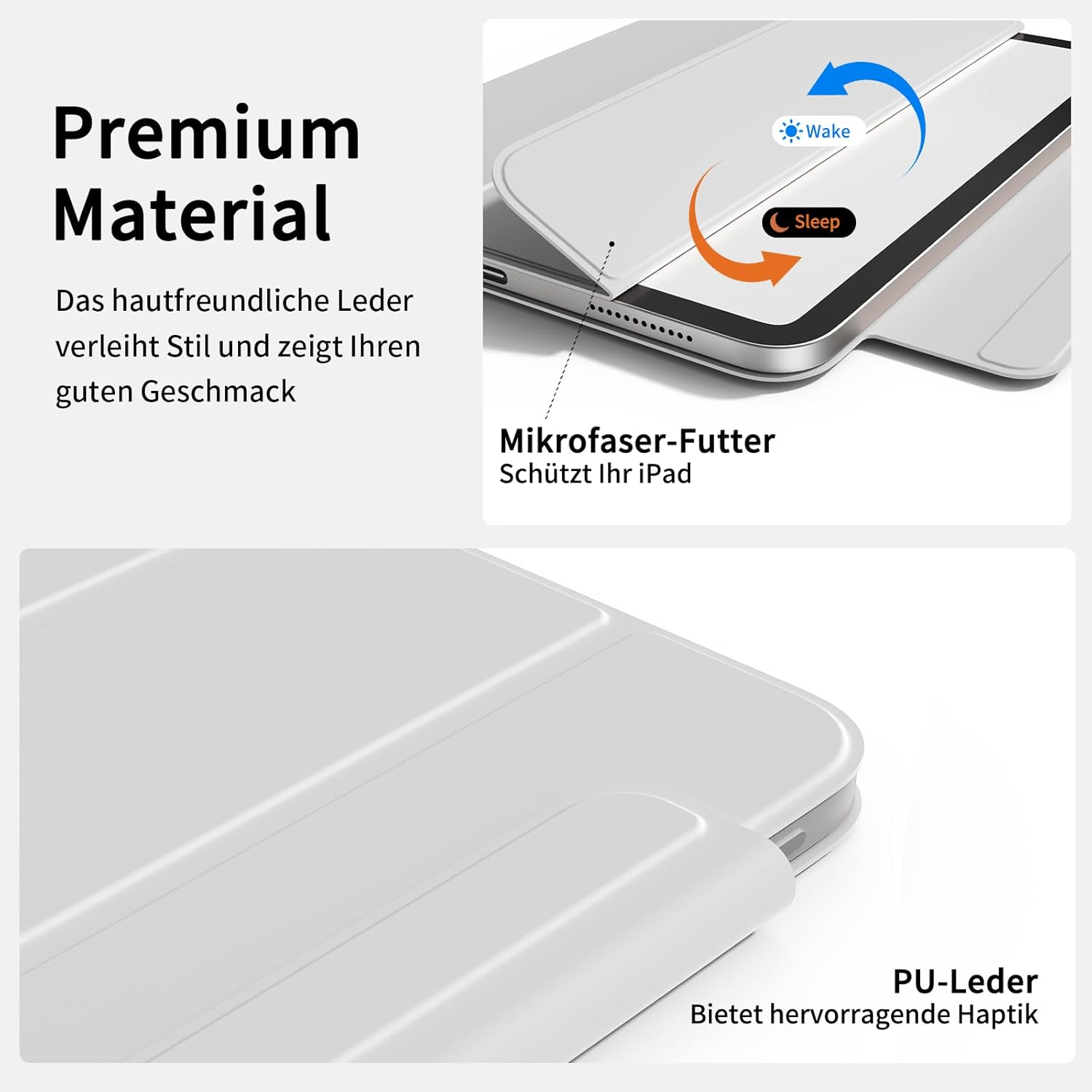 iPad-Hülle mit Premium-Material, Mikrofaser-Futter und PU-Leder, die Schlaf- und Wachfunktionen unterstützt.