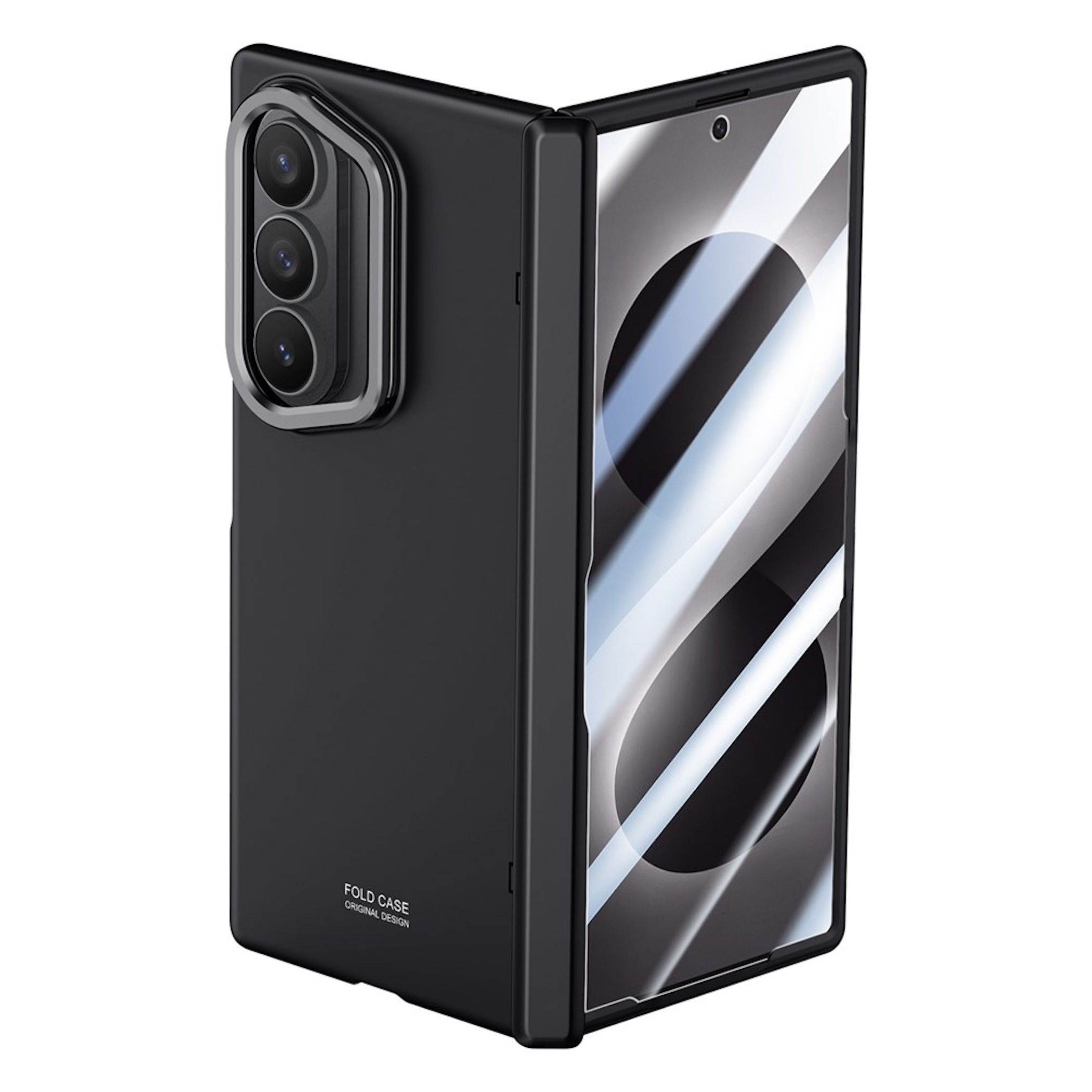 Ein schwarzes faltbares Smartphone in einer Hülle mit dreifacher Kamera auf der Rückseite und glänzendem Bildschirm.