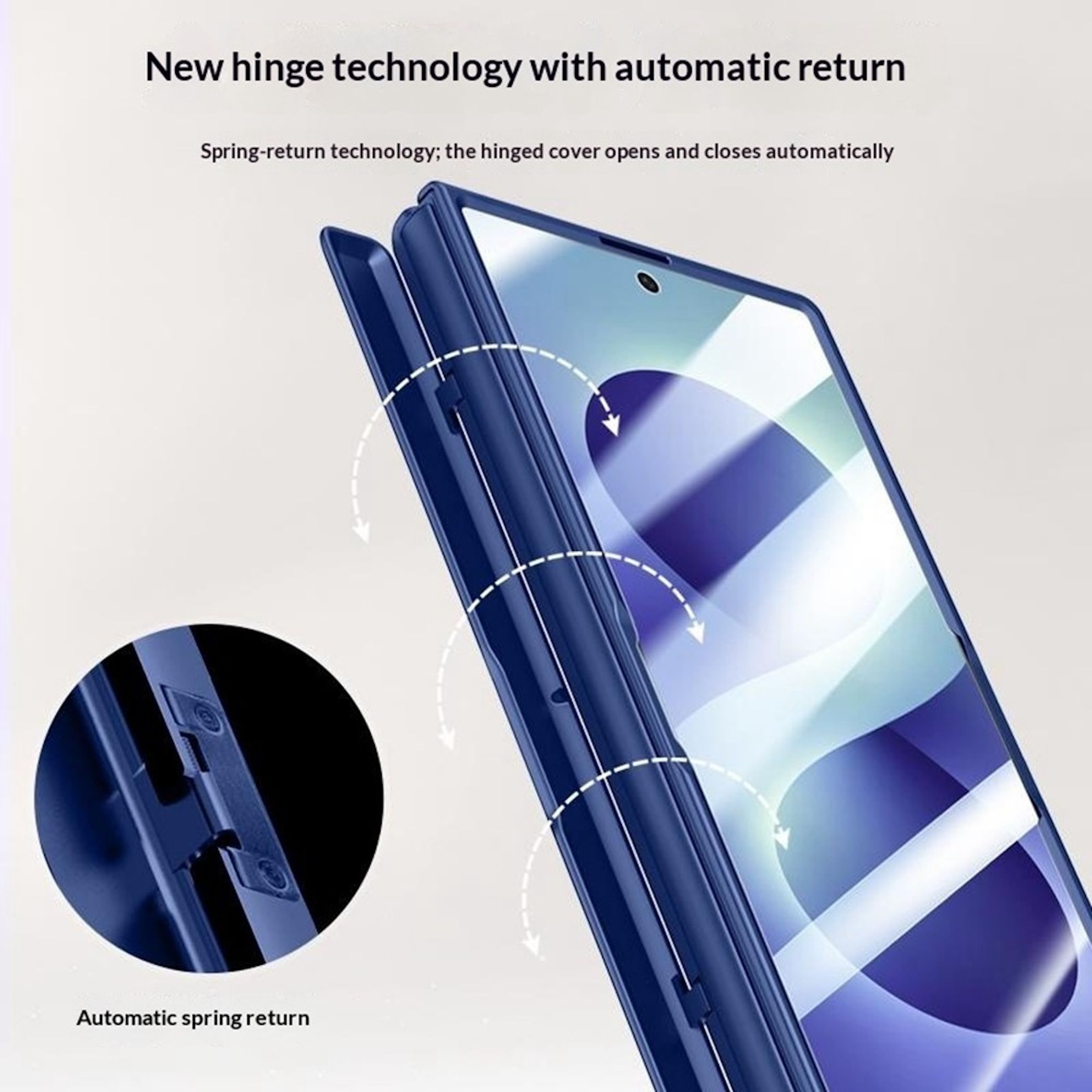 Blaue Smartphone-Hülle mit automatischer Scharnier-Rückholfeder, die das Öffnen und Schließen zeigt.
