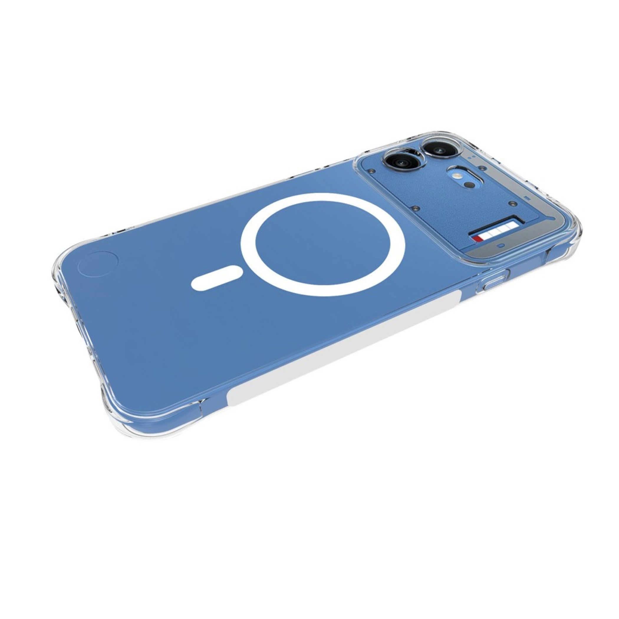 Blaue Smartphone-Hülle mit Magnetring und integriertem Kameramodul auf weißem Hintergrund.