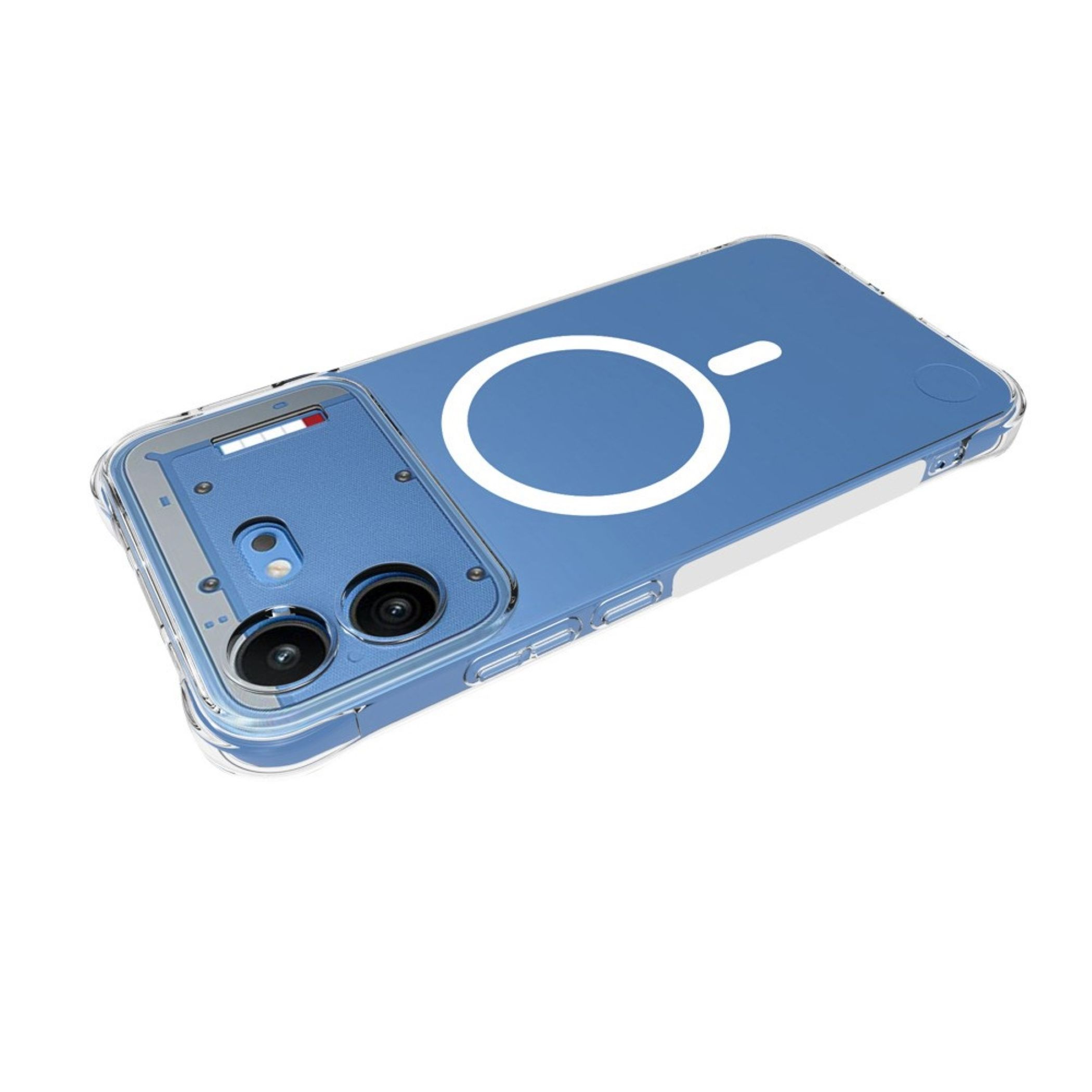 Ein blaues Smartphone mit transparenter Schutzhülle und weißem MagSafe-Ring auf der Rückseite.