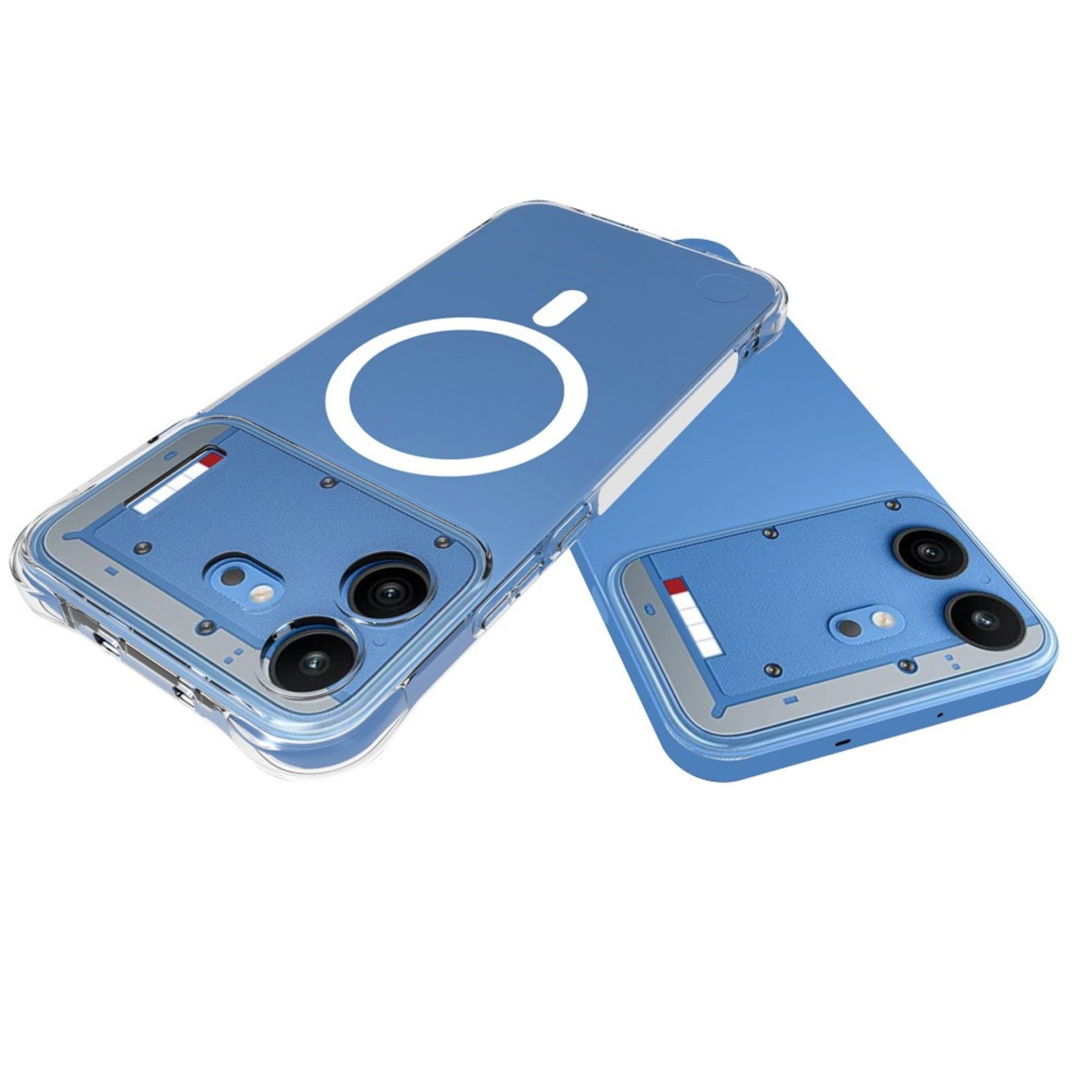 Zwei blaue Smartphones mit Schutzhülle und Kamera auf weißem Hintergrund.