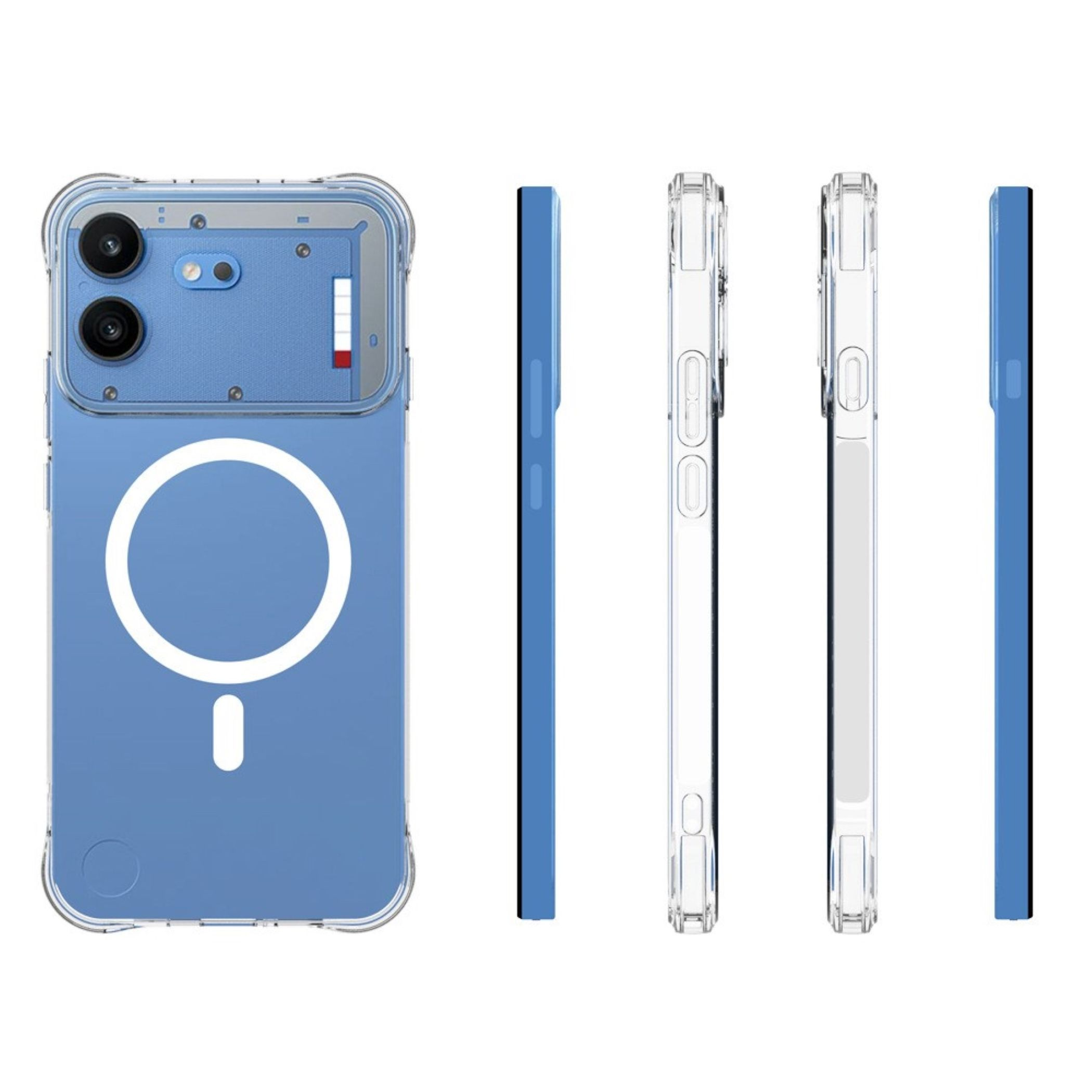 Blaue transparente Handyhülle mit MagSafe-Kreis und verschiedenen Seitenansichten.
