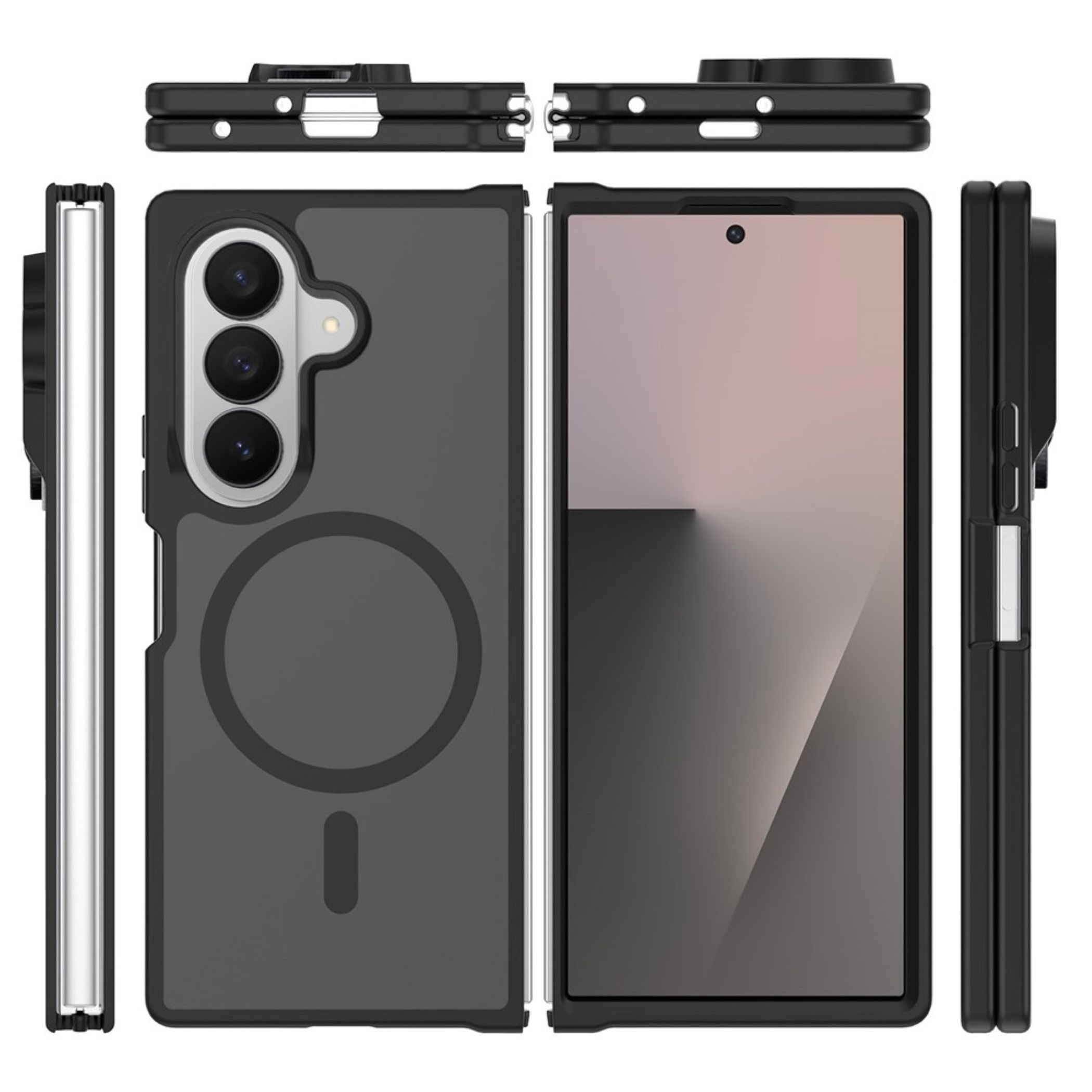 Mehrwinkelansichten einer schwarzen faltbaren Smartphone-Hülle mit einem runden Magnetring auf der Rückseite.