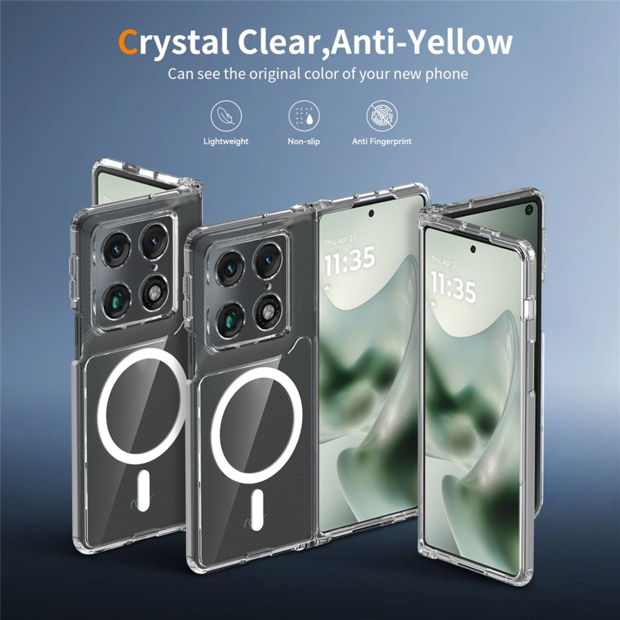 Transparente Handyhüllen mit MagSafe-Ring und Schutzfunktionen auf blauem Hintergrund.