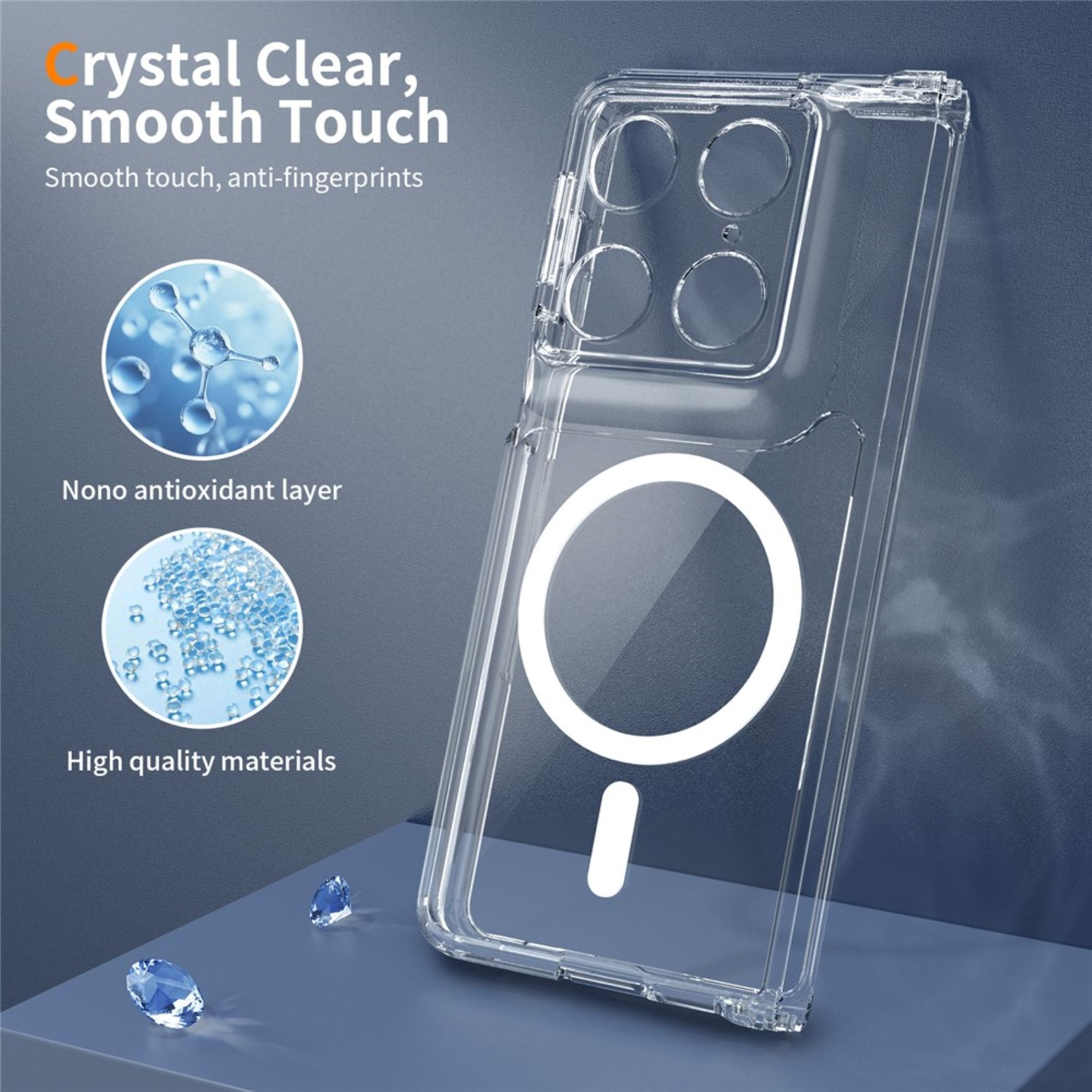 Transparente Handyhülle mit MagSafe-Ring und zwei Insets für Antioxidationsschicht und Qualitätsmaterialien.