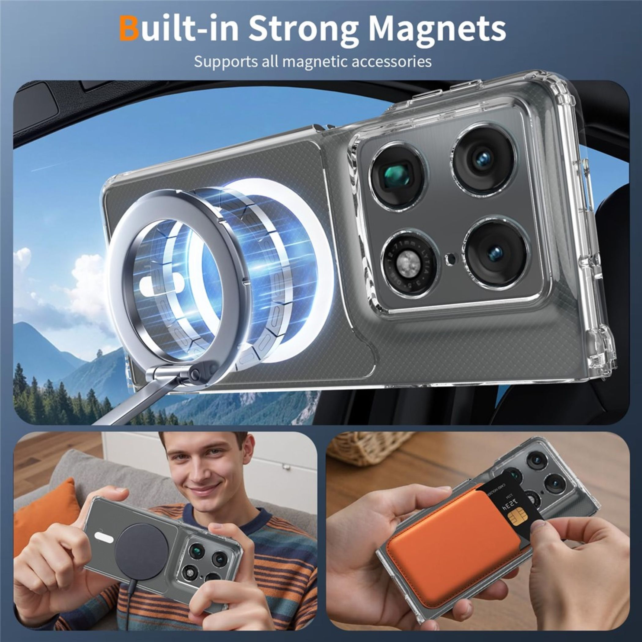 Eine Handyhülle mit Magnetring, an einer Autohalterung, von einem Mann gehalten, und mit orangem Kartenhalter.