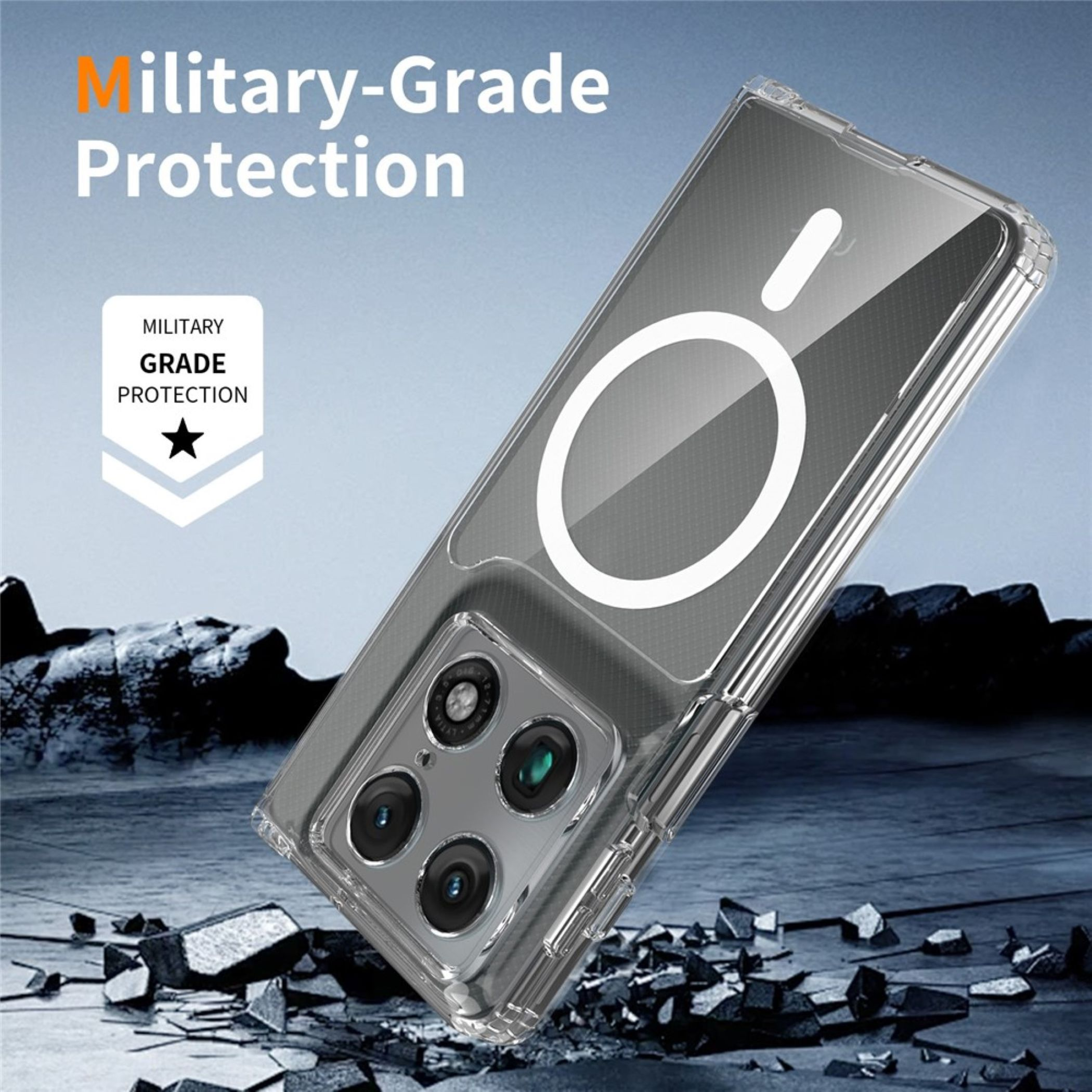 Transparente Smartphone-Hülle mit MagSafe-Ring vor einer felsigen Landschaft mit Text für Militärschutz.