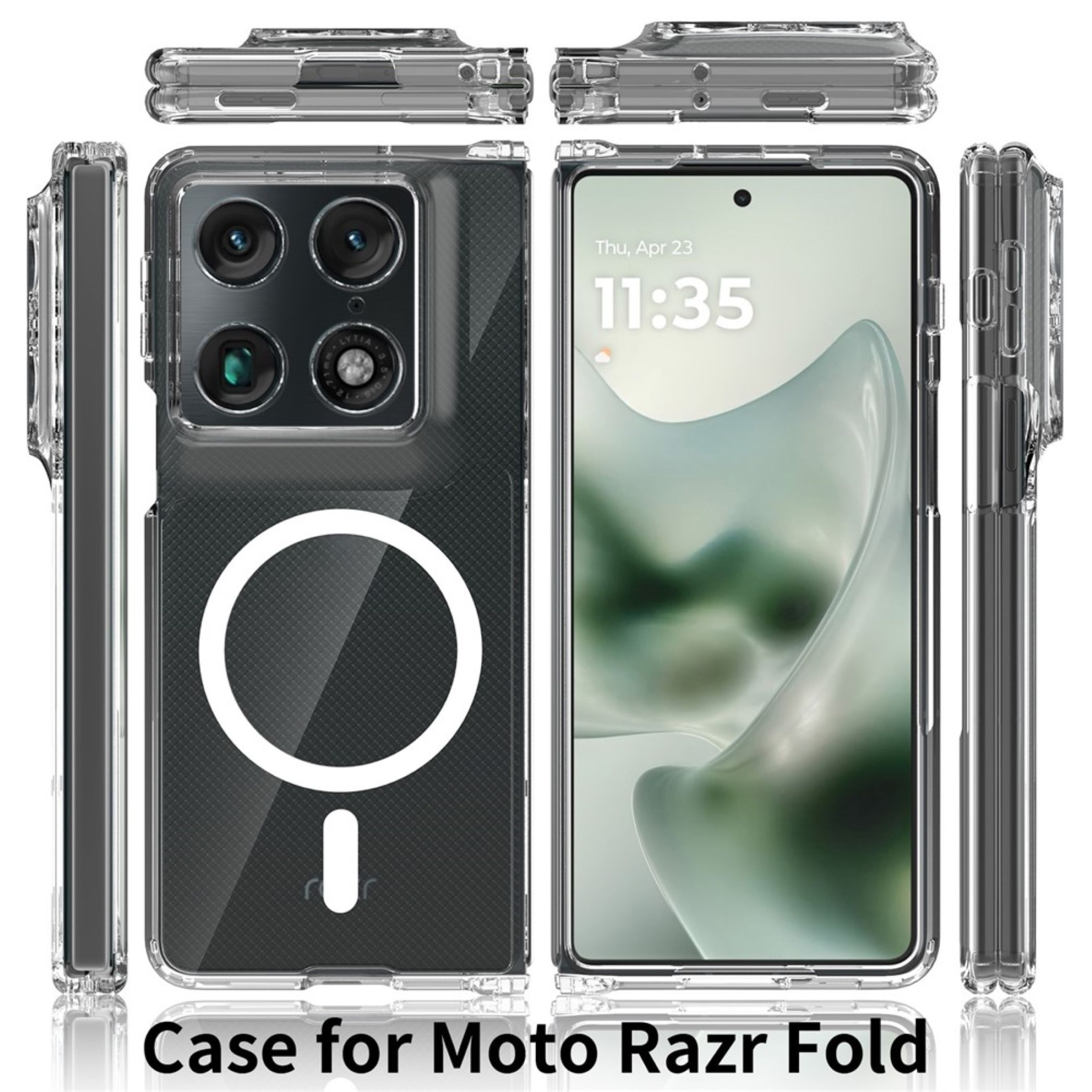 Transparente MagSafe-Hülle für das Moto Razr Fold aus mehreren Blickwinkeln.