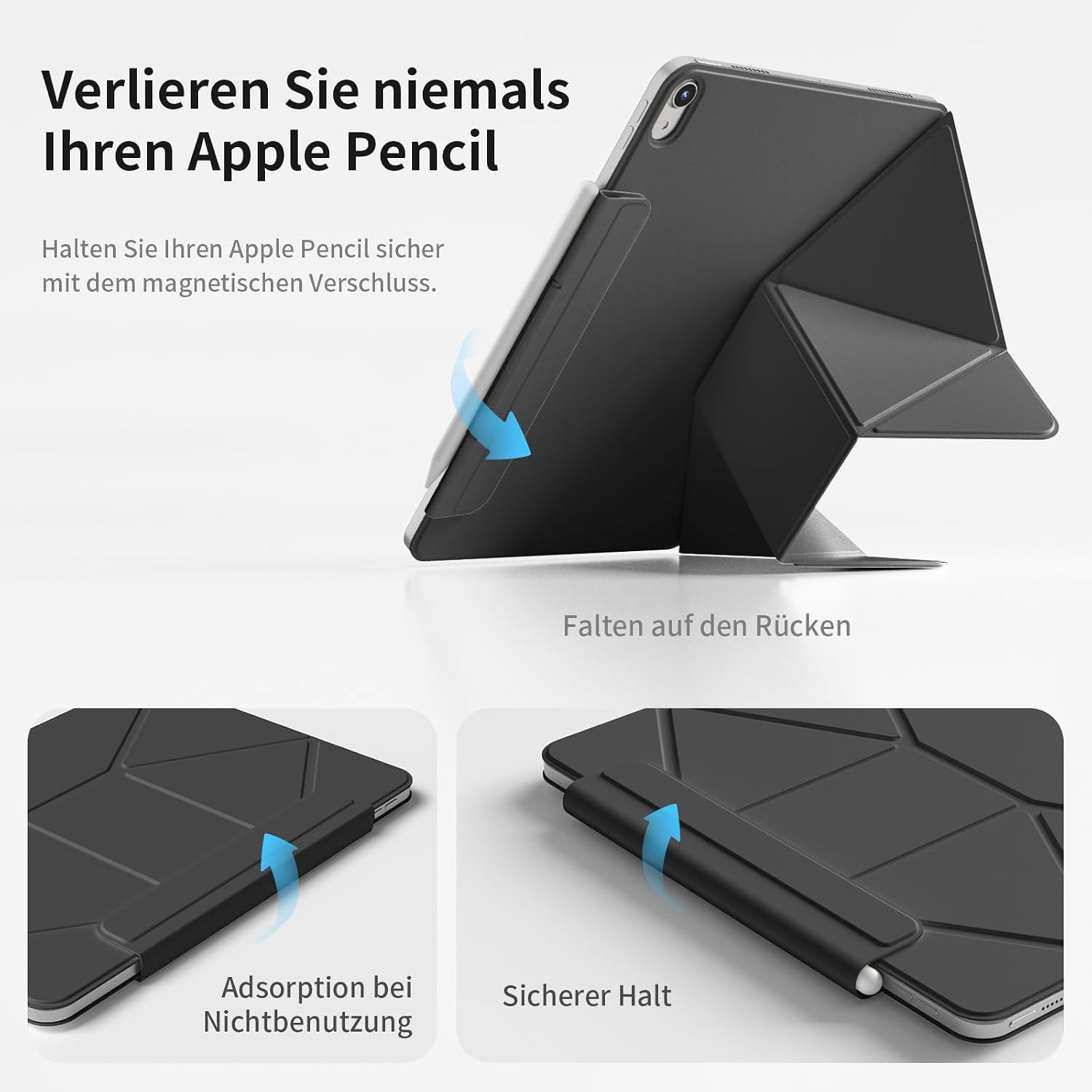 Ein graues Tablet-Case mit Stifthalter und magnetischem Verschluss.