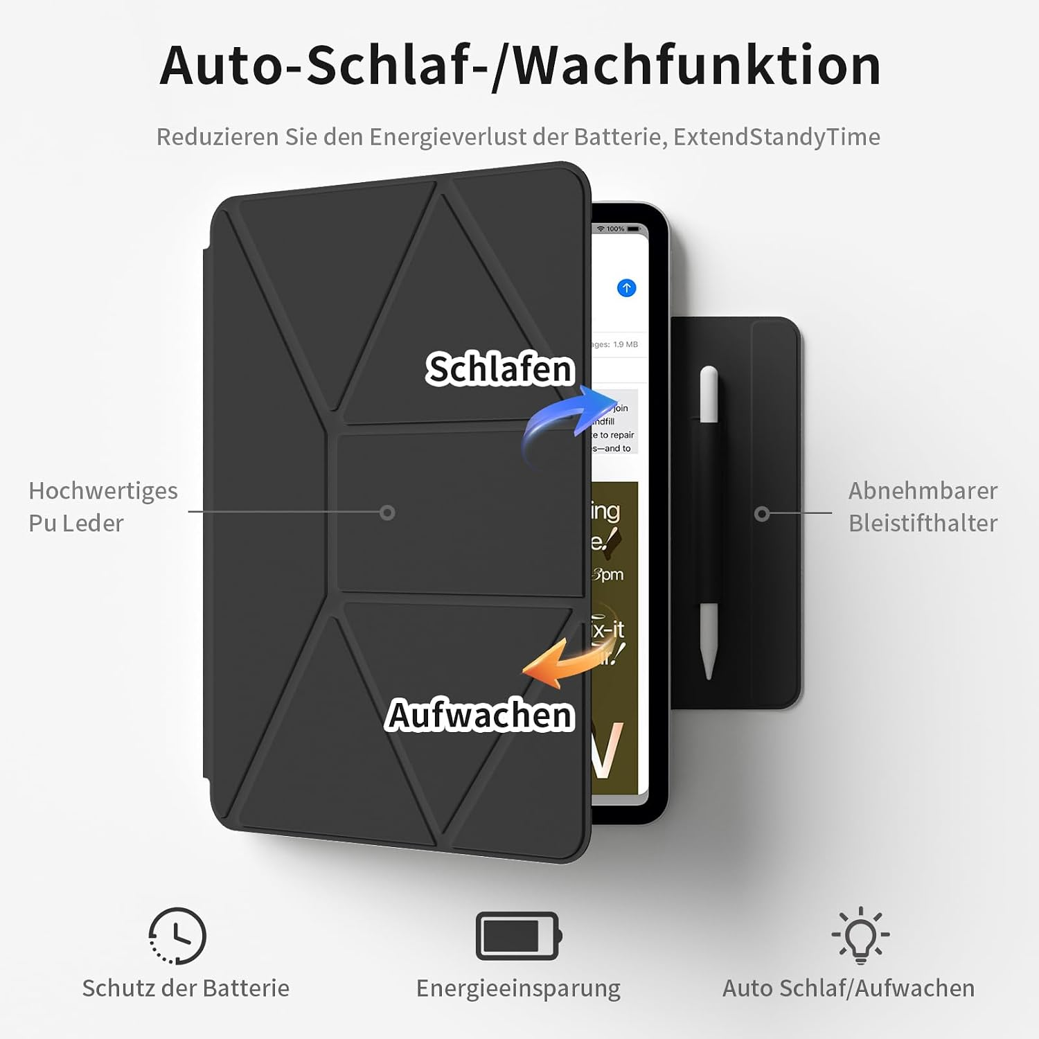 Schwarze Tablet-Hülle mit Auto-Schlaf- und Wachfunktion sowie Stiftehalter.