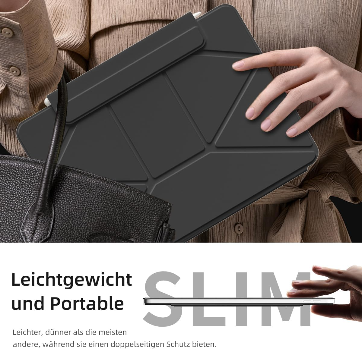 Eine Person hält eine dunkelgraue Tablethülle neben einer schwarzen Ledertasche.