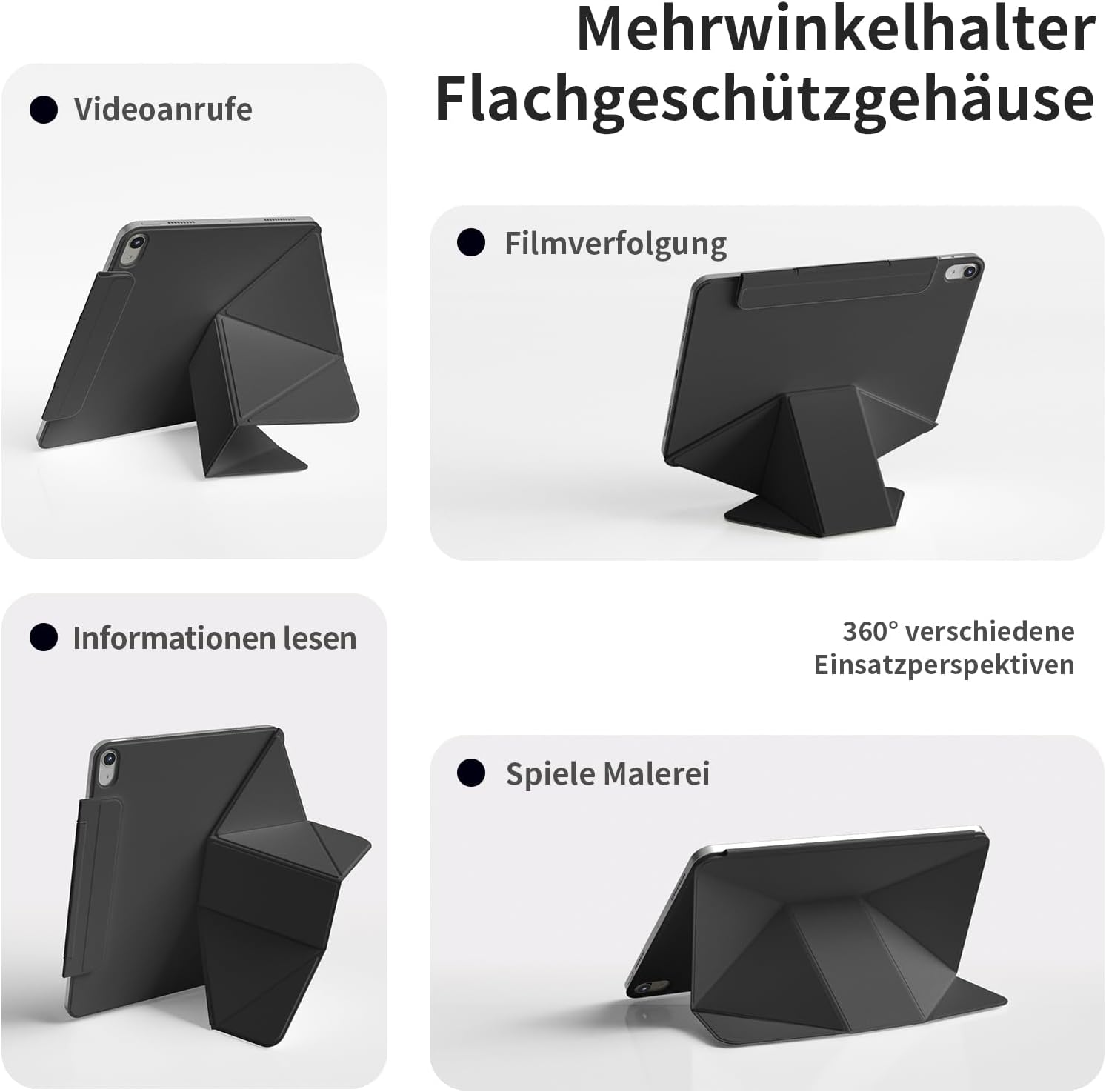 Vier Bilder zeigen ein schwarzes Tablet mit faltbarem Schutzgehäuse in verschiedenen Ansichten und Aufstellwinkeln.