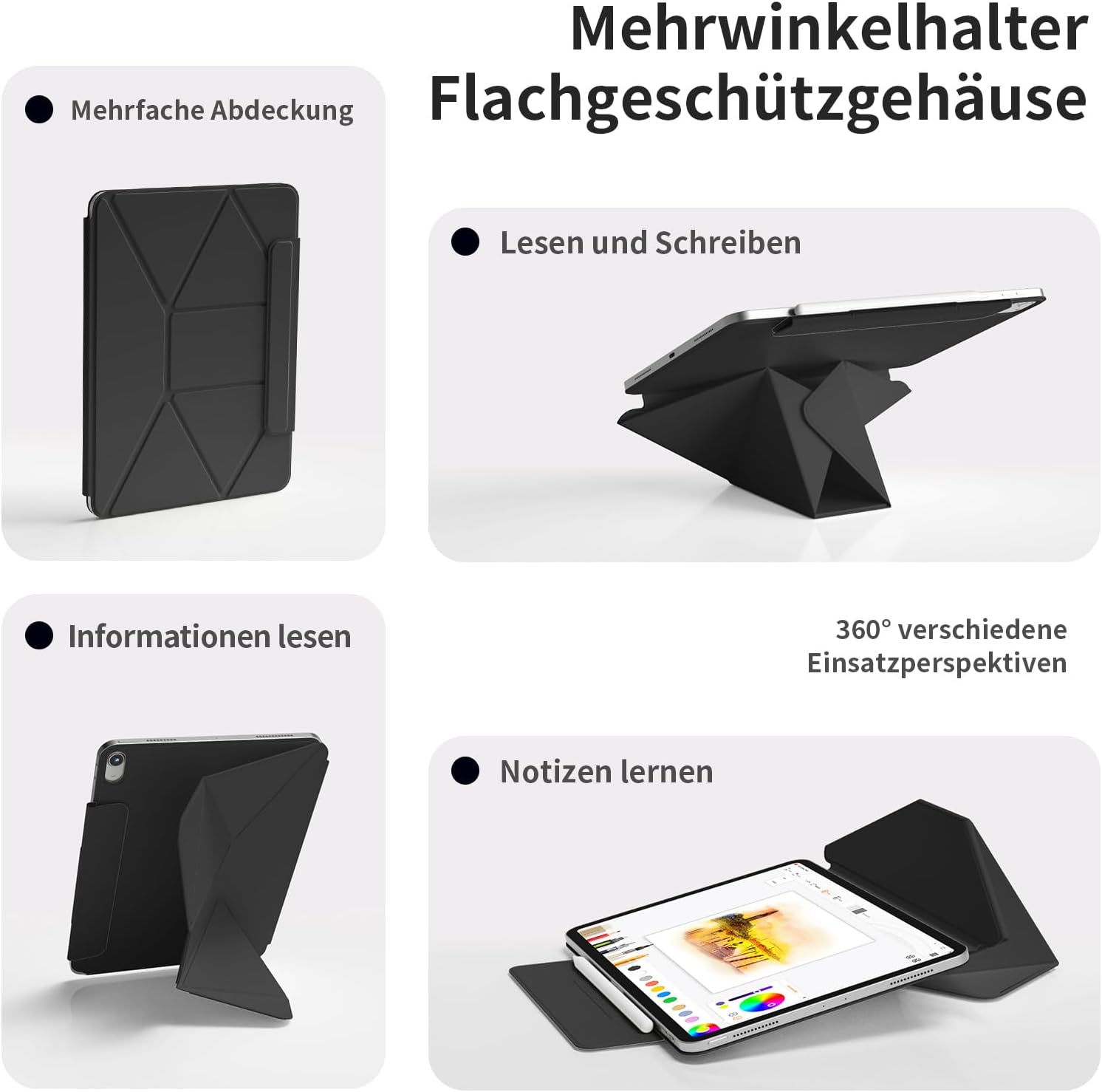 Ein schwarzes Tablet-Schutzgehäuse mit verschiedenen Aufstellwinkeln und Abdeckungen für den Alltag.