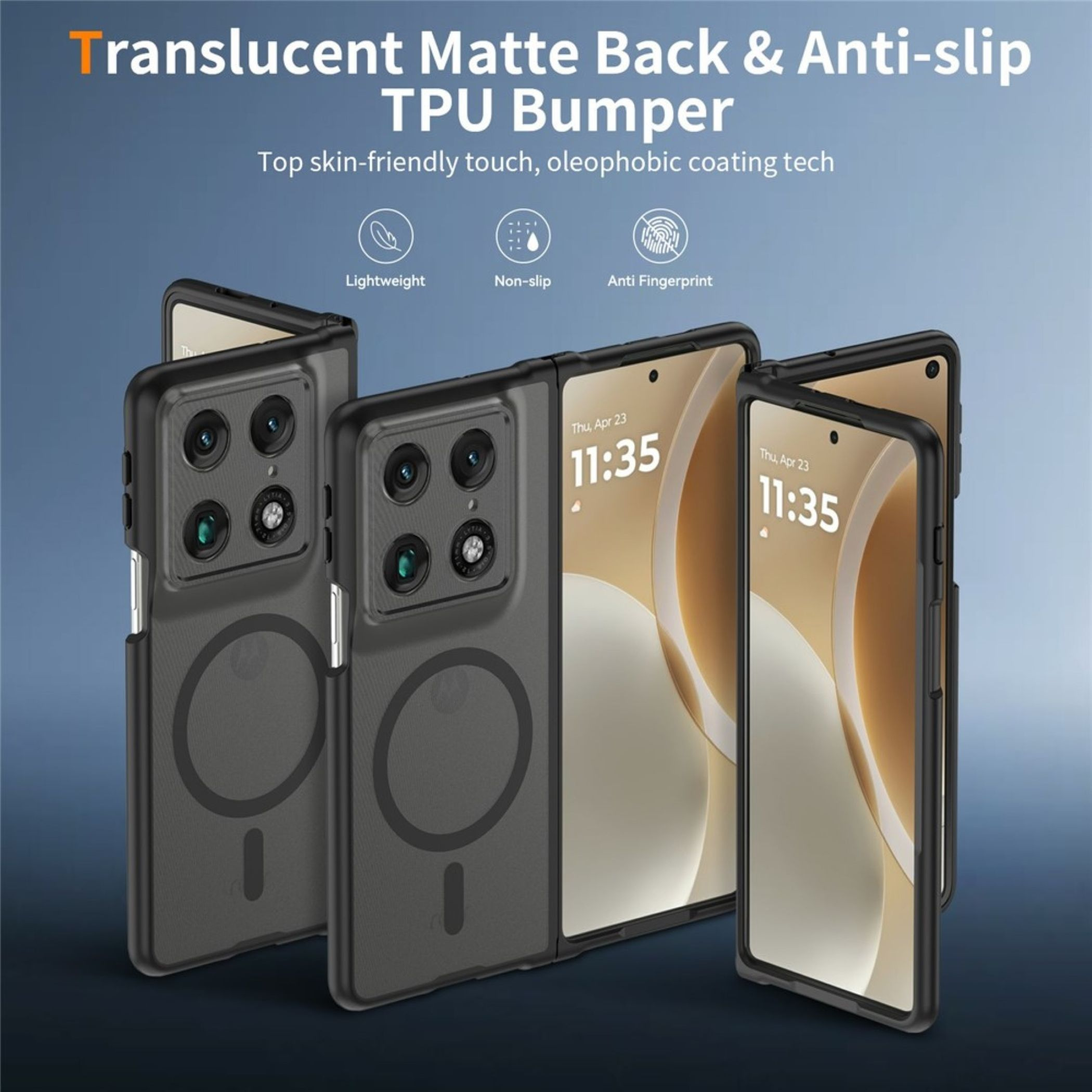 Transparente, matte Hülle für faltbare Smartphones mit Stoßdämpfung und Anti-Fingerabdruck-Technologie.
