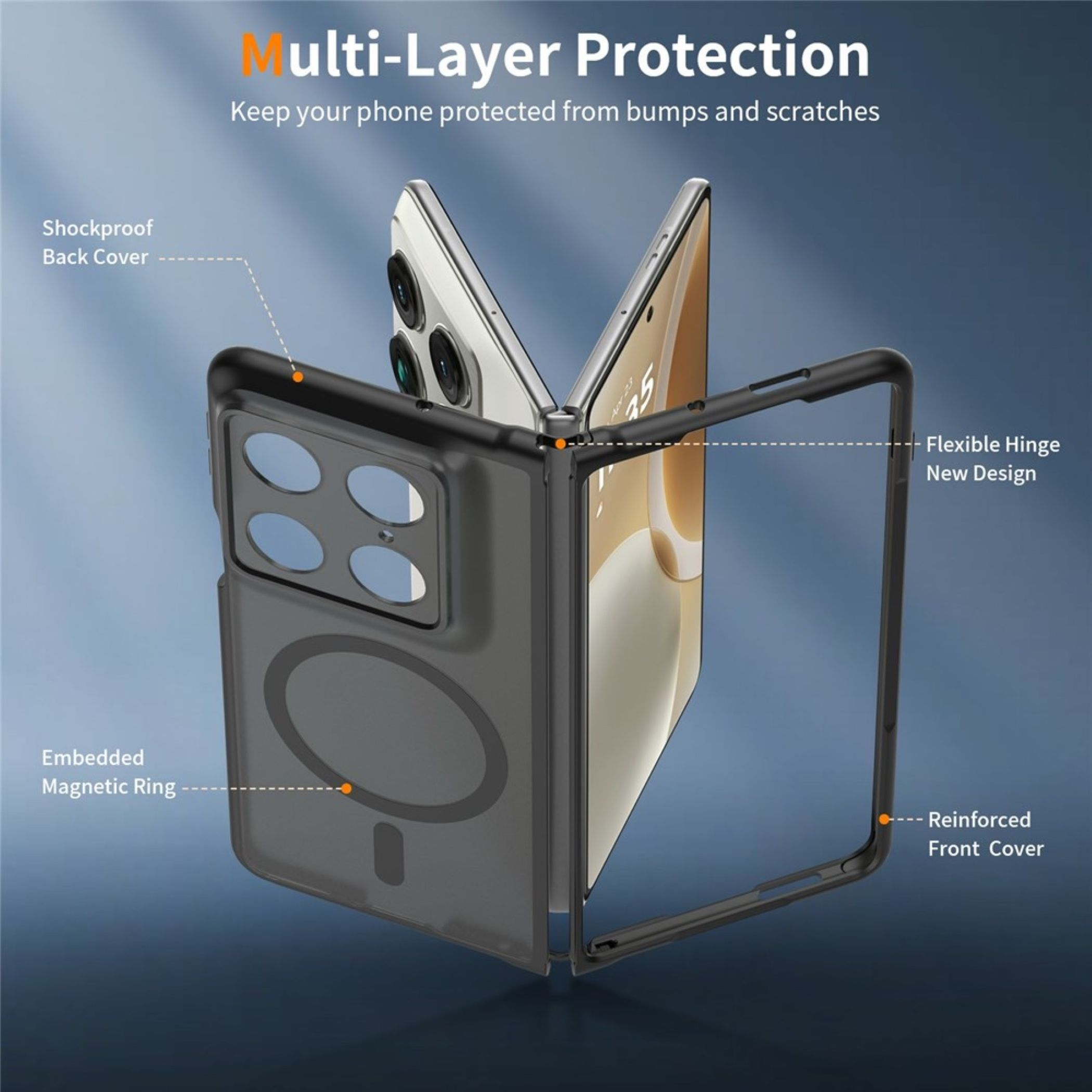 Faltbares Smartphone in Schutzhülle mit Stoßschutz, Magnetring und flexiblem Scharnier.