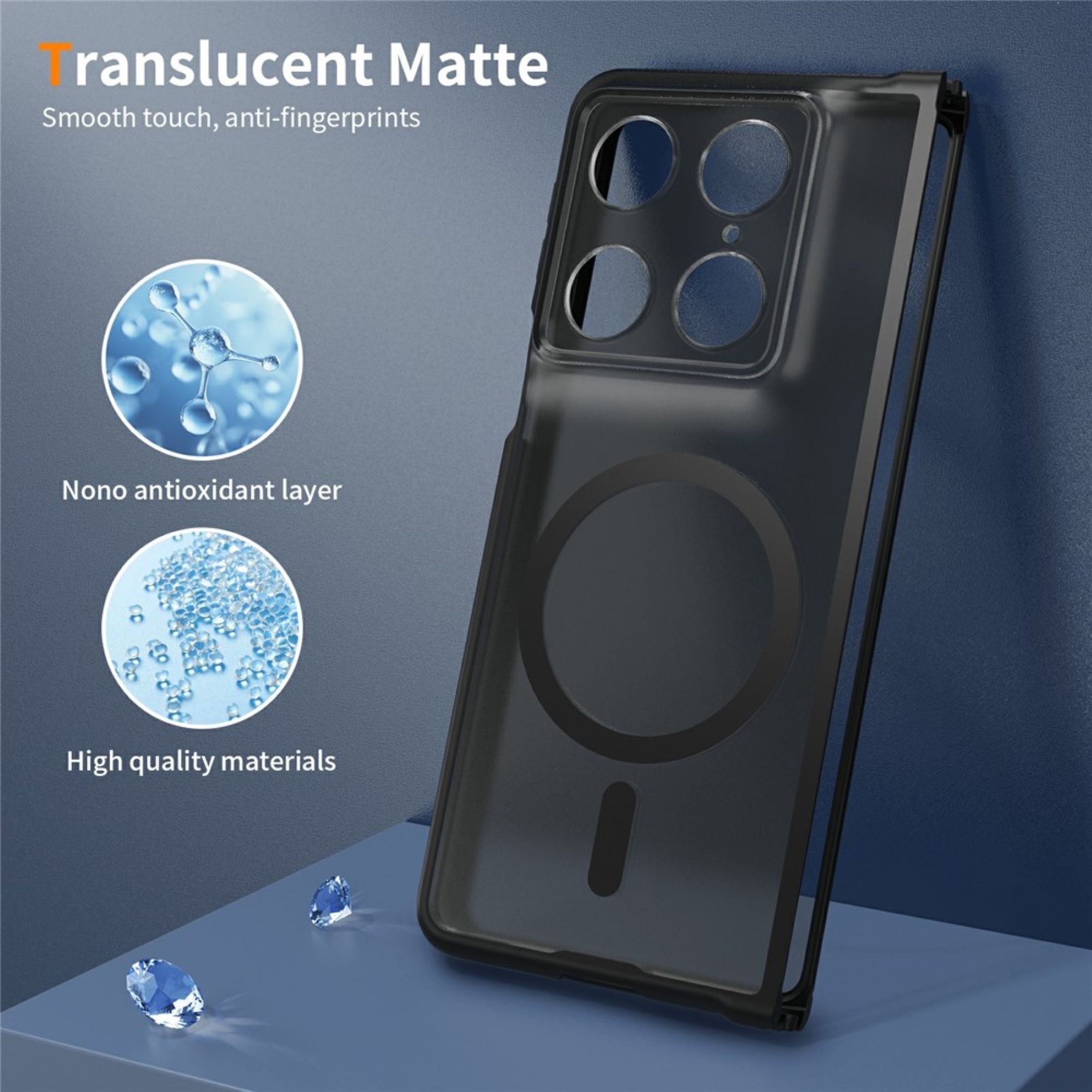 Schwarze, matte Handyhülle mit Kameraausschnitten und runder Magnetring-Grafik, zwei kleine blaue Diamanten im Vordergrund.