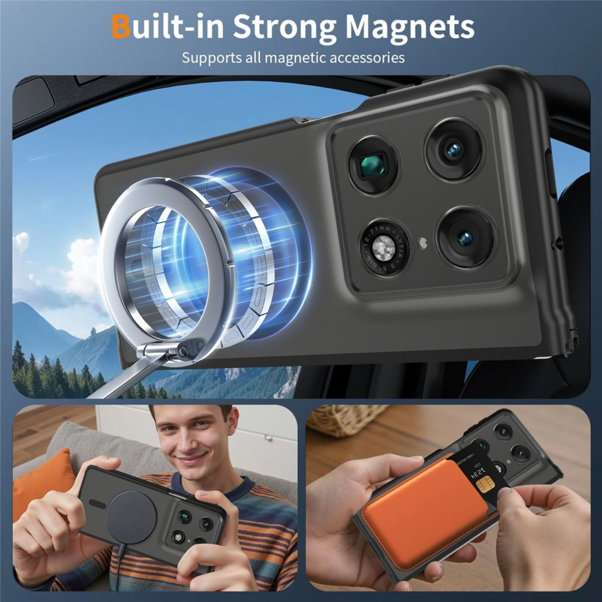 Smartphone in einer Magnethülle mit Ringhalter, kabellosem Ladegerät und ansteckbarem Kartenhalter.