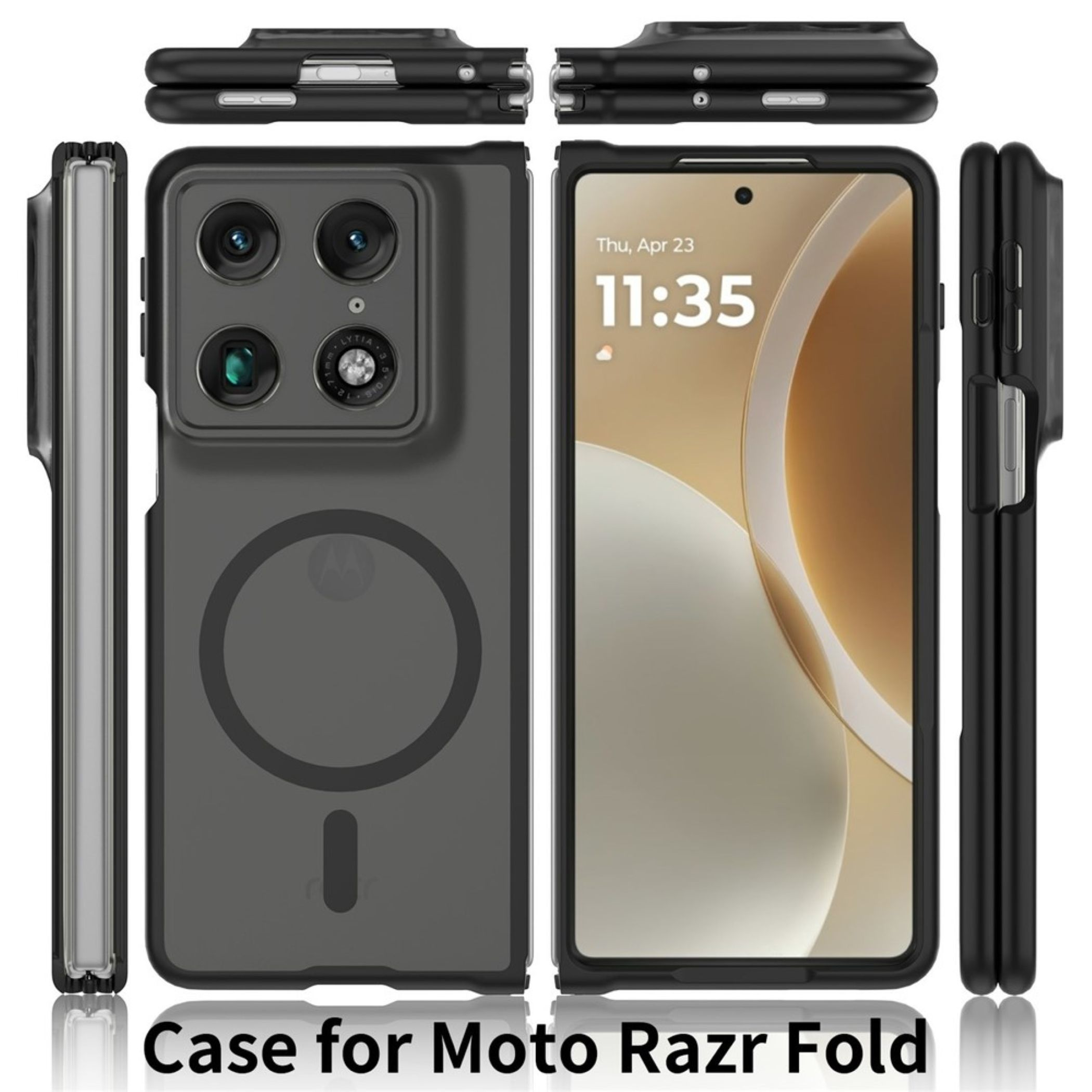 Schwarze Schutzhülle für Moto Razr Fold, aus mehreren Blickwinkeln mit Bildschirm- und Kameradetails.