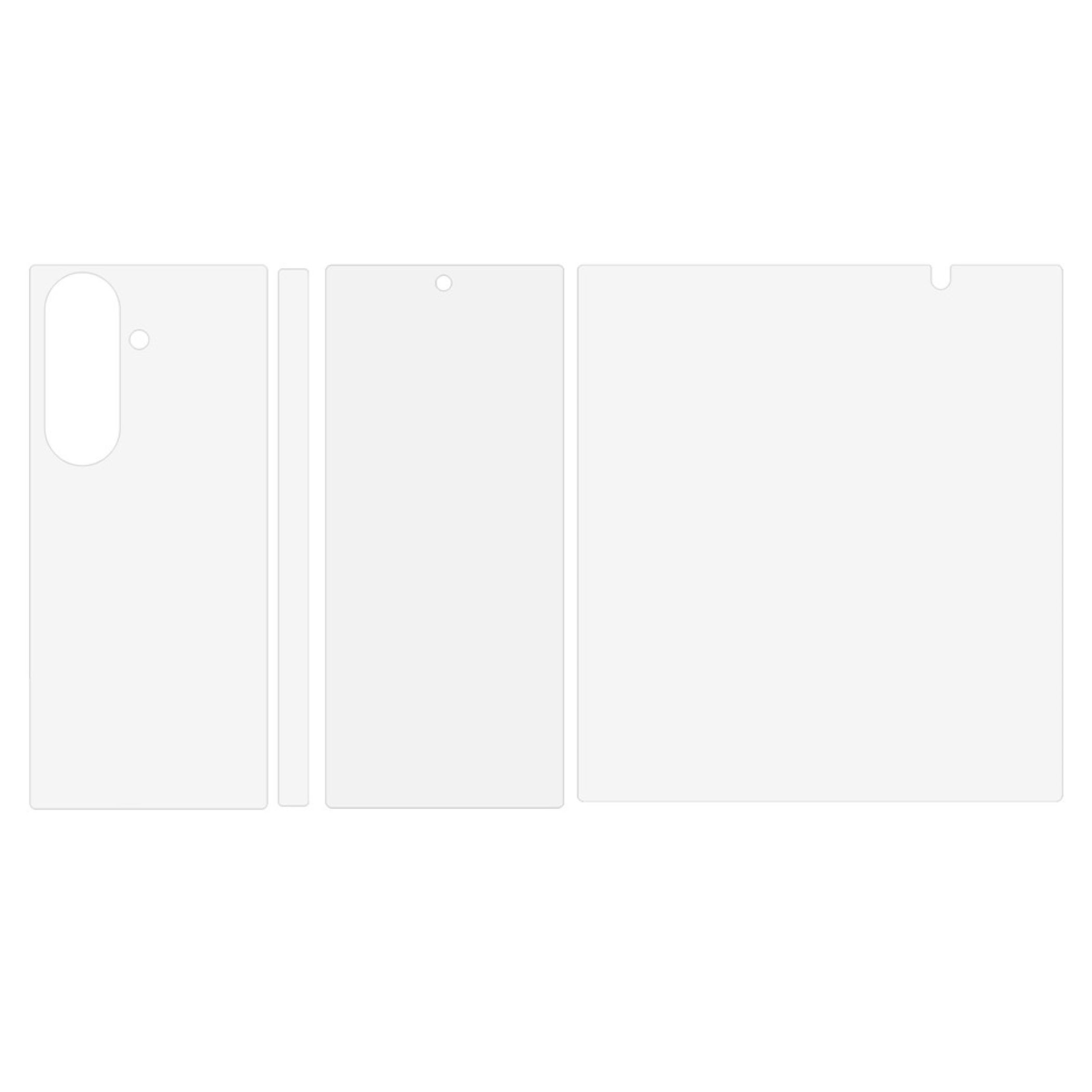 Transparente Schutzfolien für ein Smartphone mit verschiedenen Ausschnitten für Kamera und Anschlüsse.