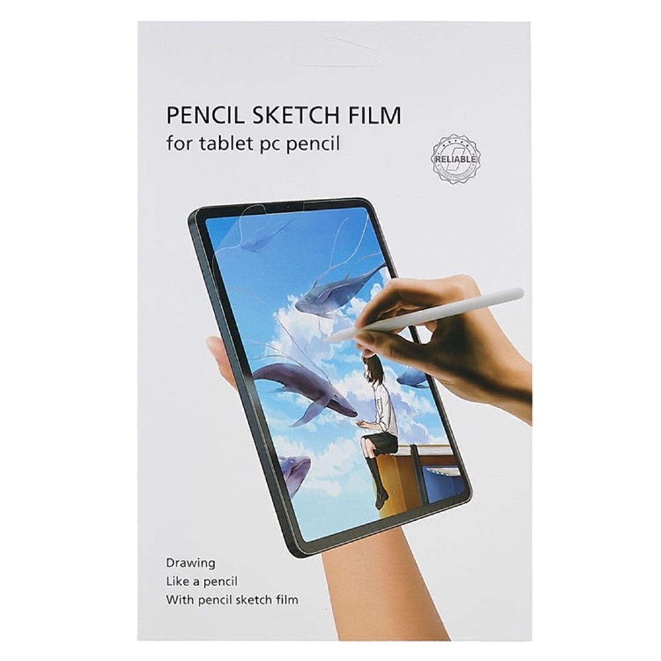 Verpackung für Tablet-Zeichenfolie mit einer Hand, die einen Stift auf einem fliegende Wale anzeigenden Tablet nutzt.