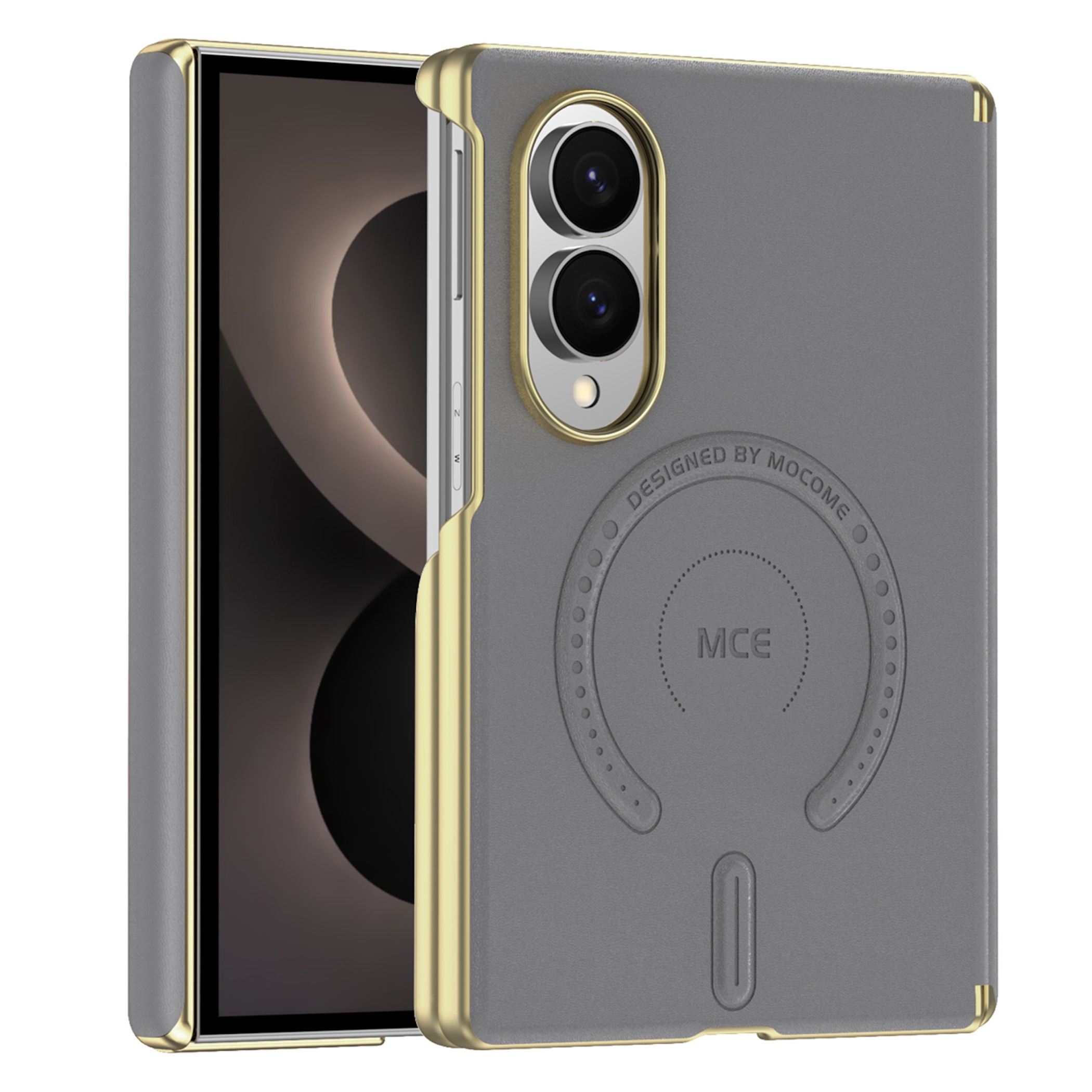 Graue Smartphone-Hülle mit goldener Umrandung, Dual-Kamera und kreisförmigem MagSafe-Design auf der Rückseite.