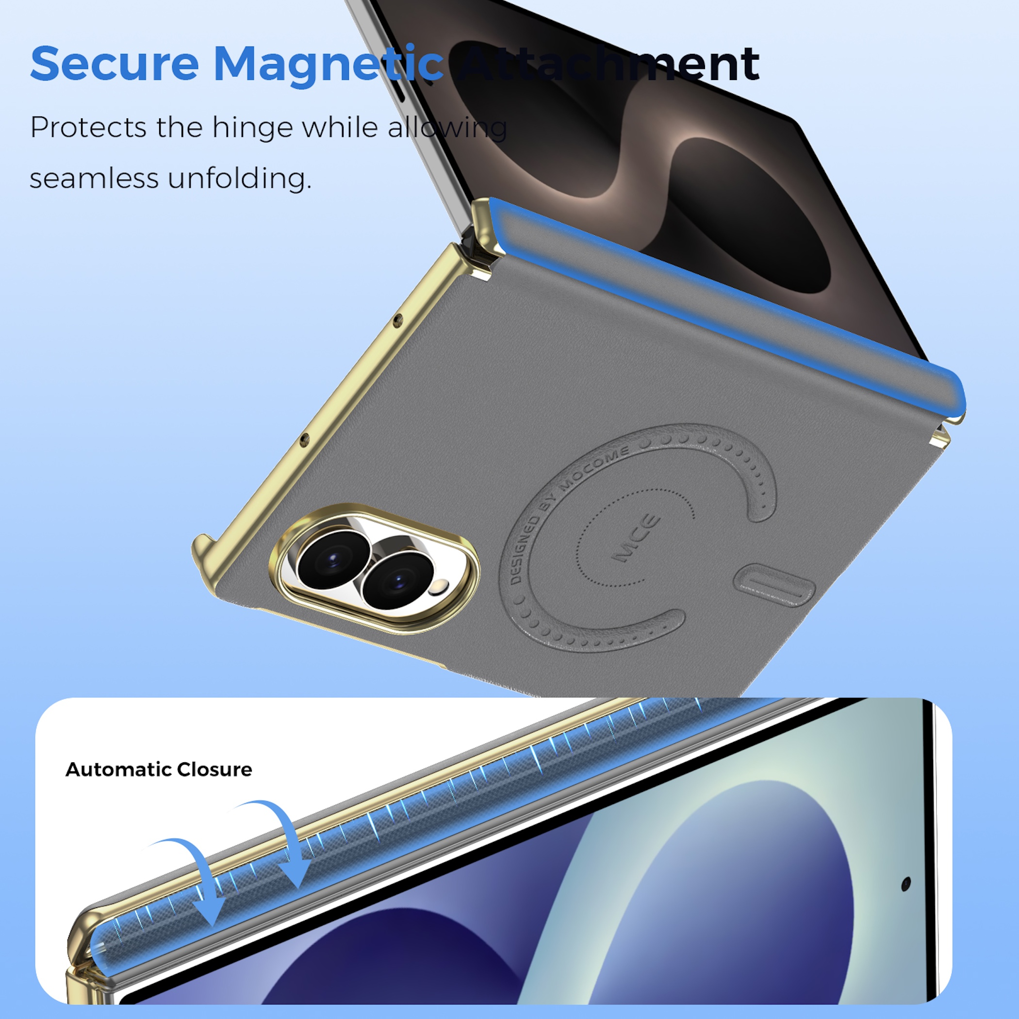 Ein Falttelefon in grau-goldener Hülle mit magnetischem Scharnier und Dual-Kamera sowie Text über sicheren Verschluss.