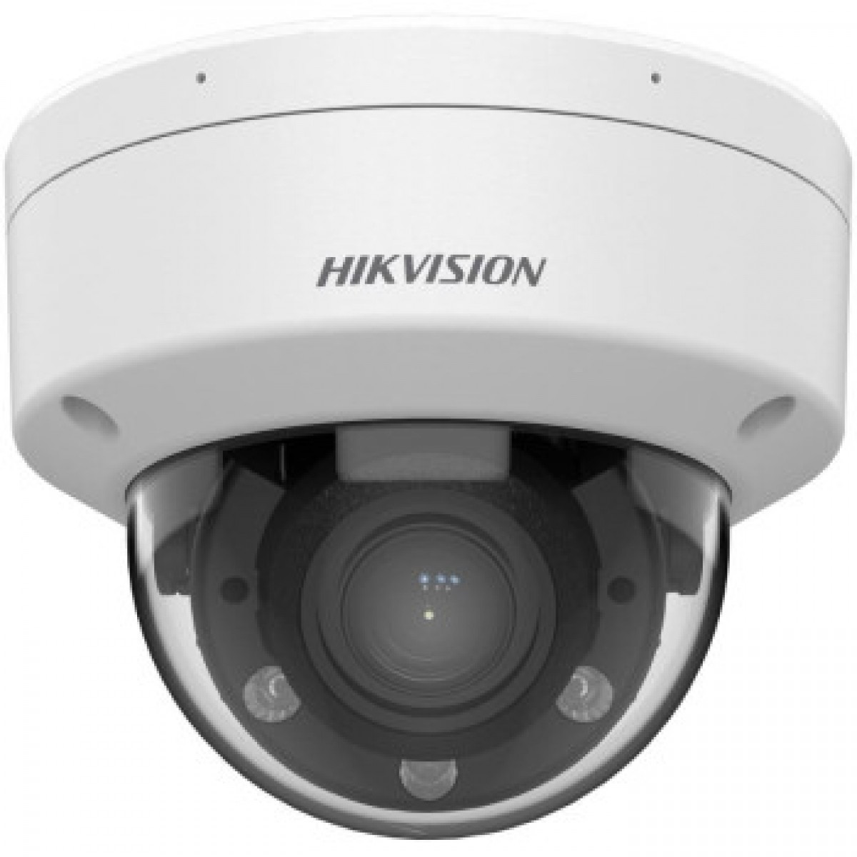 Beyaz arka planda tavana monte edilmiş beyaz Hikvision dome güvenlik kamerası.