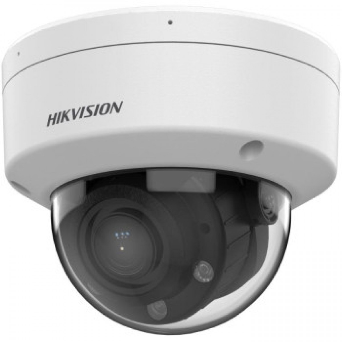 Şeffaf cam kubbeye sahip beyaz Hikvision dome güvenlik kamerası.