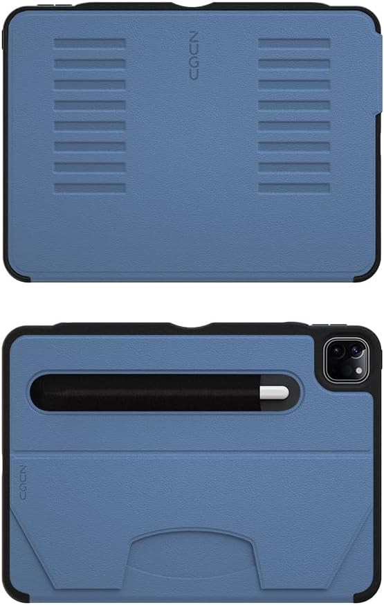 Eine blaue Tablettenhülle mit schwarzem Rand zeigt Vorder- und Rückseite, inklusive Stifthalter und Kameraausschnitt.