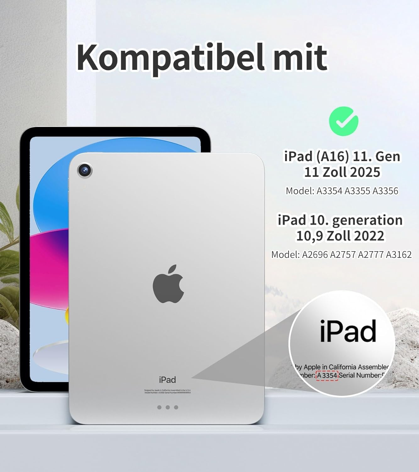 Kompatibel mit iPad 11. Gen 2025 und iPad 10. Gen 2022, mit Modellnummern und Vorder- und Rückseitenansicht.