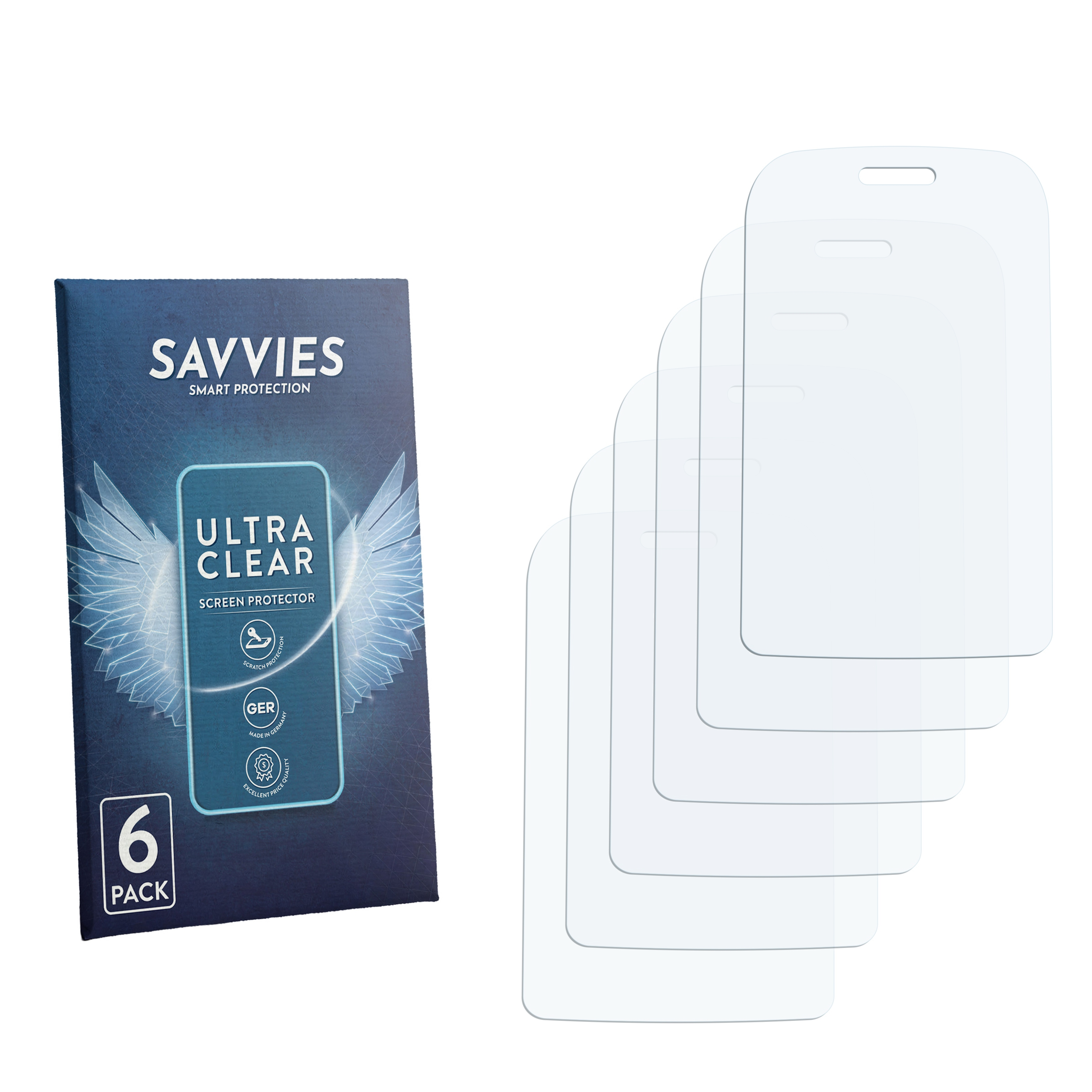 Savvies Ultra Clear Displayschutzfolie 6er-Pack mit fünf transparenten Folien.