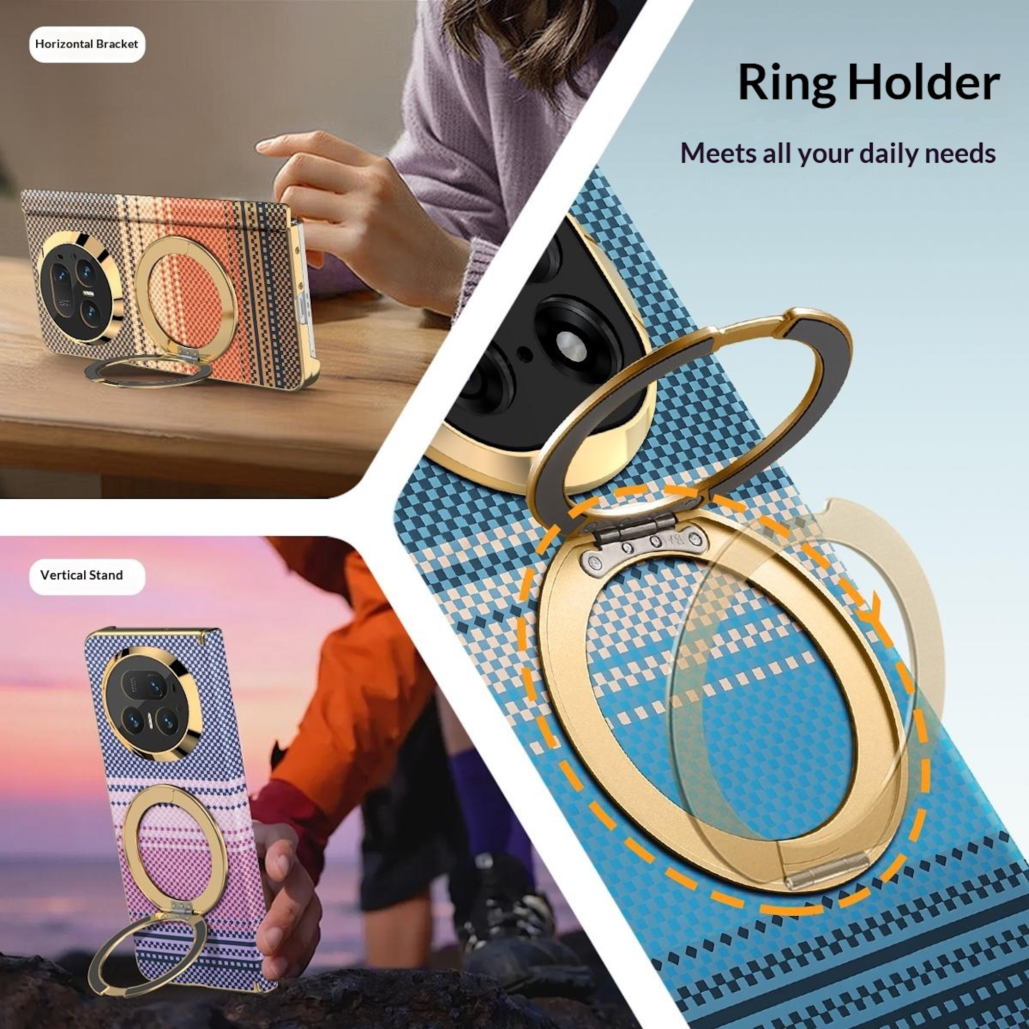 Handyhülle mit integriertem goldenen Ringhalter, der als Horizontal- oder Vertikalständer dient.