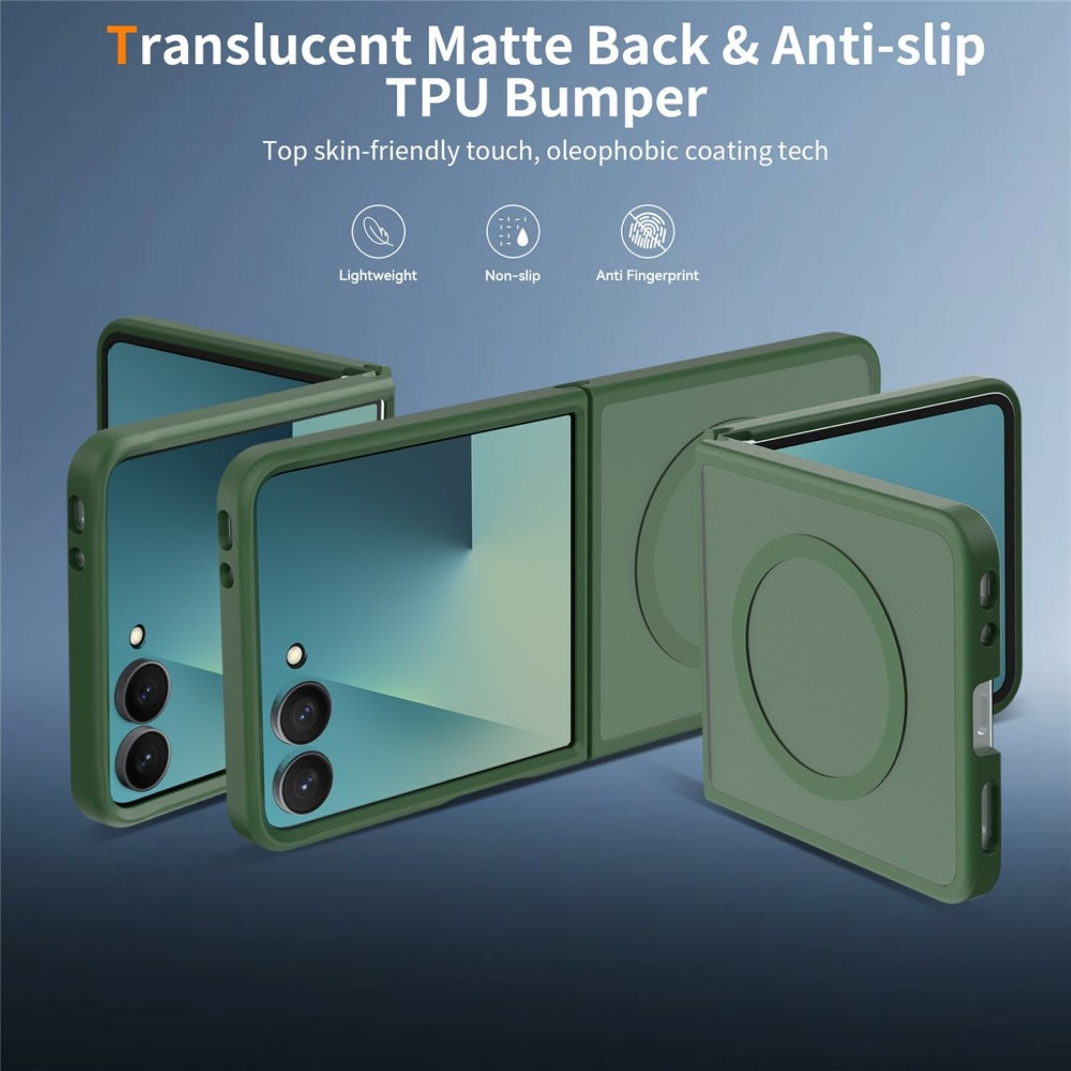 Grüne faltbare Handyhüllen mit MagSafe-Funktion auf blauem Hintergrund und Text über Produktvorteilen.