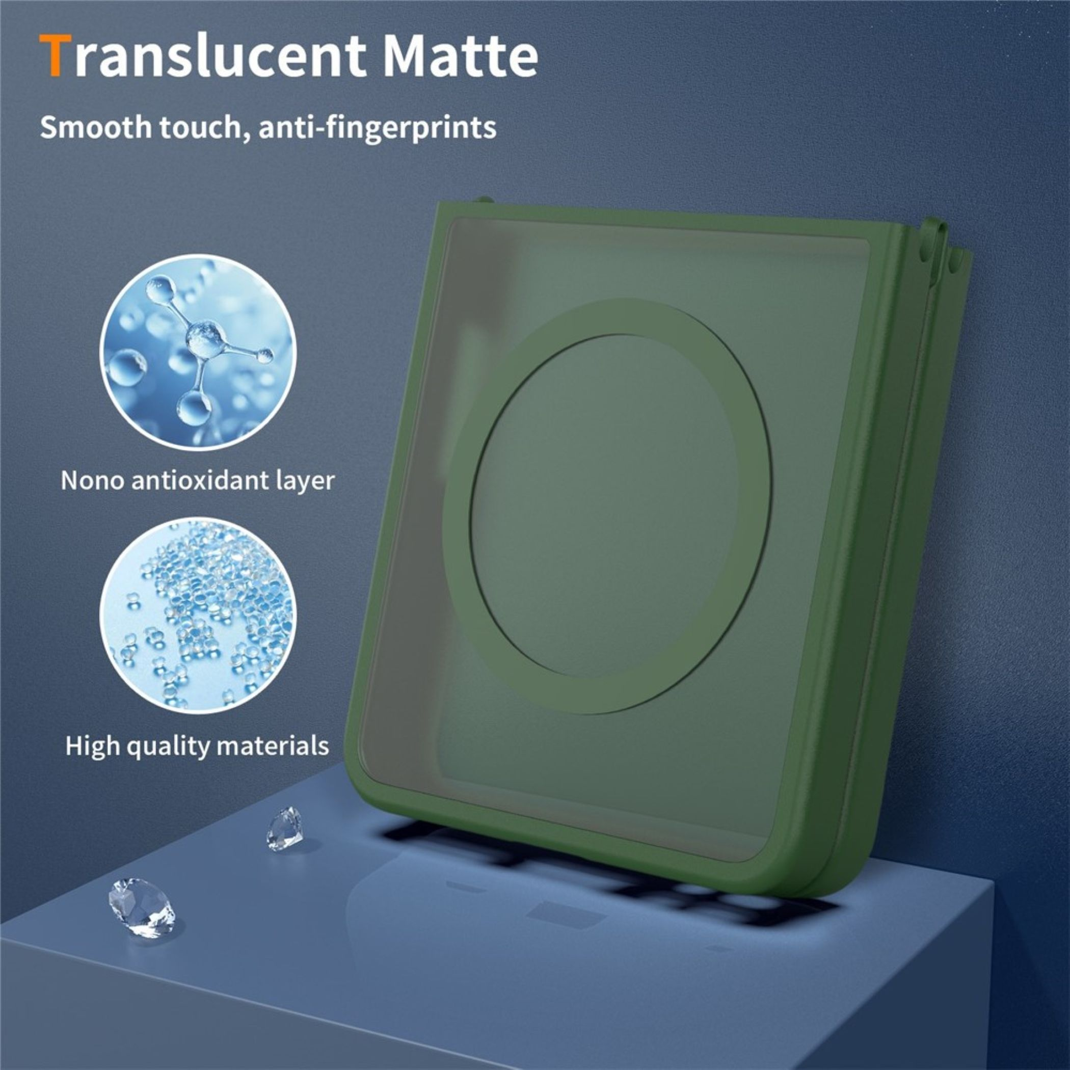Grüne matte Smartphone-Hülle mit MagSafe-Ring, Vergrößerungen von Materialstrukturen und Text auf blauem Hintergrund.