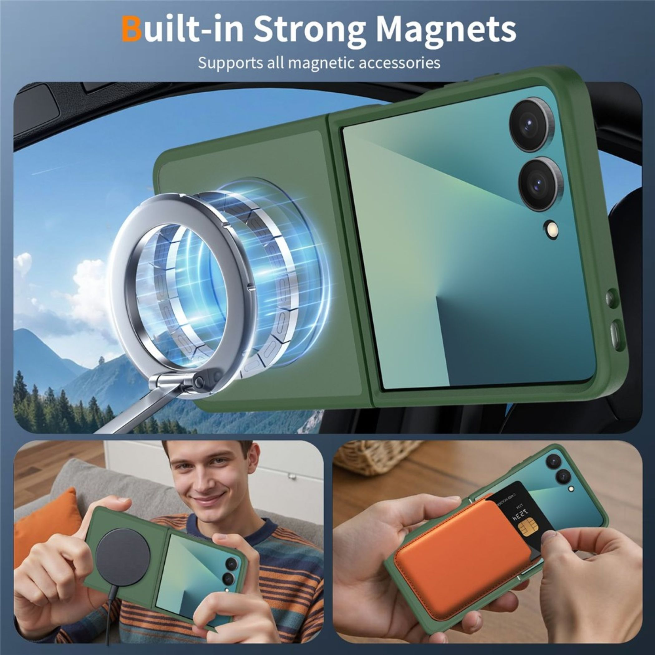 Grünes Klapphandy mit Magneten, das im Auto und mit Zubehör genutzt wird.