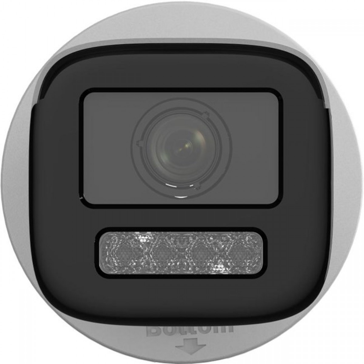 Siyah ön yüzeyinde lens ve LED ışık dizisi bulunan gümüş renkli güvenlik kamerası.