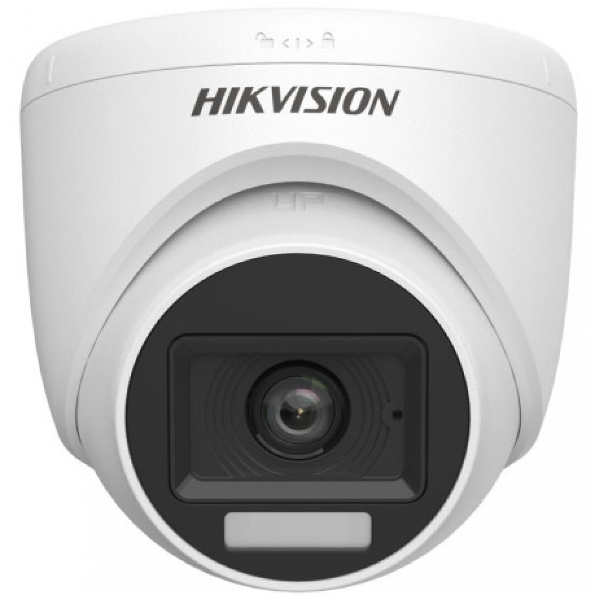 Beyaz arka planda siyah lensli ve IR aydınlatıcılı beyaz Hikvision türret güvenlik kamerası.